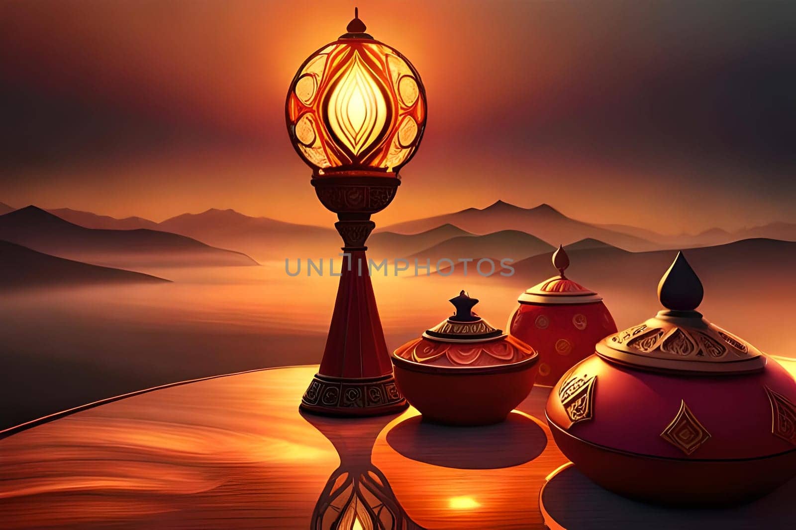 3D rendering indian lamp for diwali celebration on soft background ethereal. Colorful particle effects in the background. Gold filigree on a indian lamp. AI-generated Digital Art