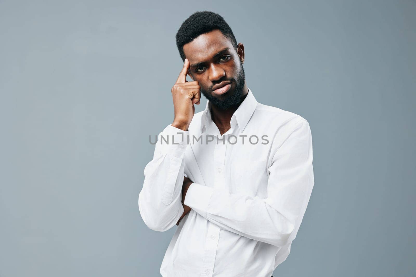 american man white manager standing space young happy studio shirt copy smile african by SHOTPRIME