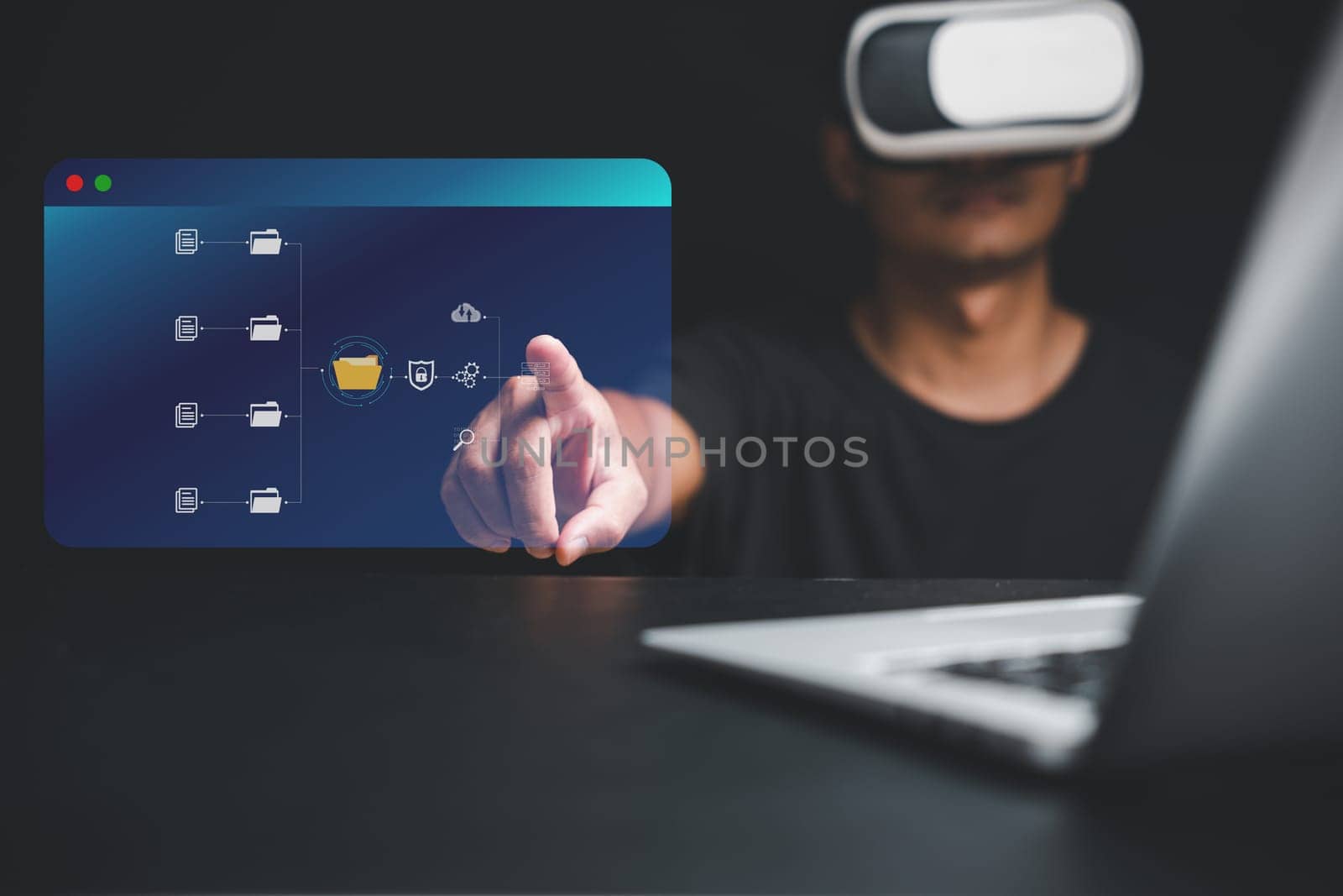 Virtual reality VR workspace showcasing an IT consultant working with a Document Management System DMS. Depicting the seamless integration of Internet Technology and data file management.