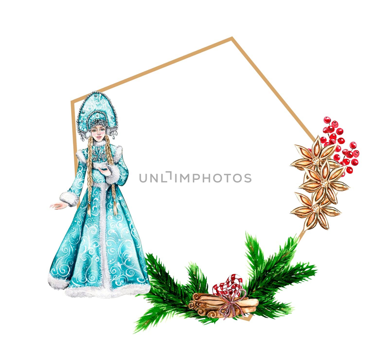 Christmas frame with fir branches and Snow maiden girl in blue dress.Watercolor hand drawn illustration for invitations, greeting cards, prints, packaging and more. Merry christmas and happy new year.