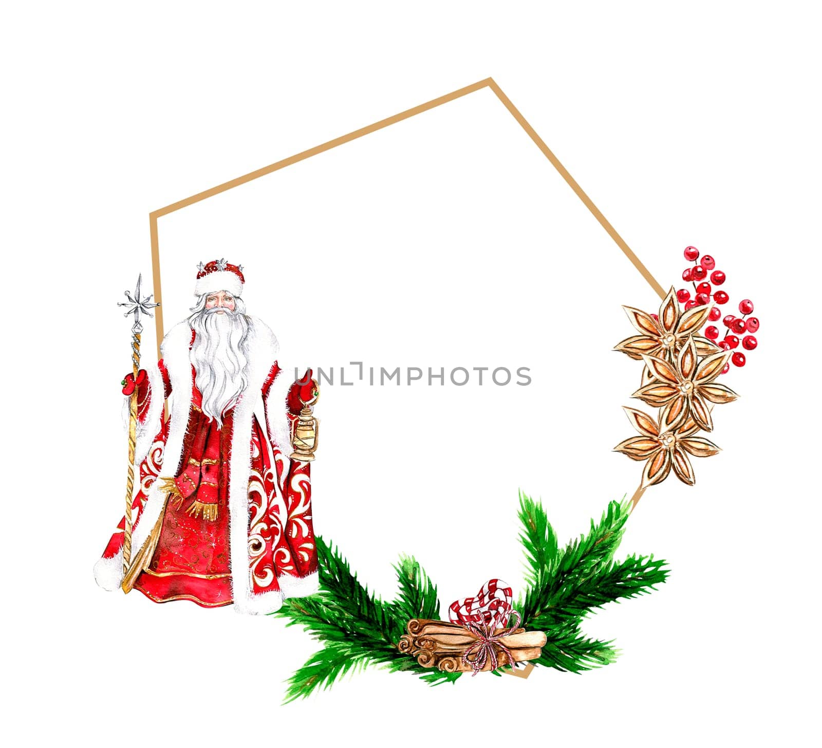 Christmas frame with fir branches and Santa Claus in red.Watercolor hand drawn illustration for invitations, greeting cards, prints, packaging and more. Merry christmas and happy new year.