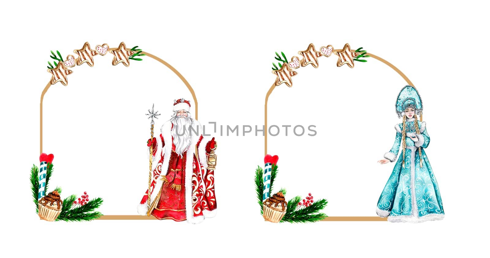 Christmas frame with fir branches and Snow maiden girl in blue dress with Santa Clause in red. Watercolor hand drawn illustration for invitations, greeting cards, prints, packaging and more.