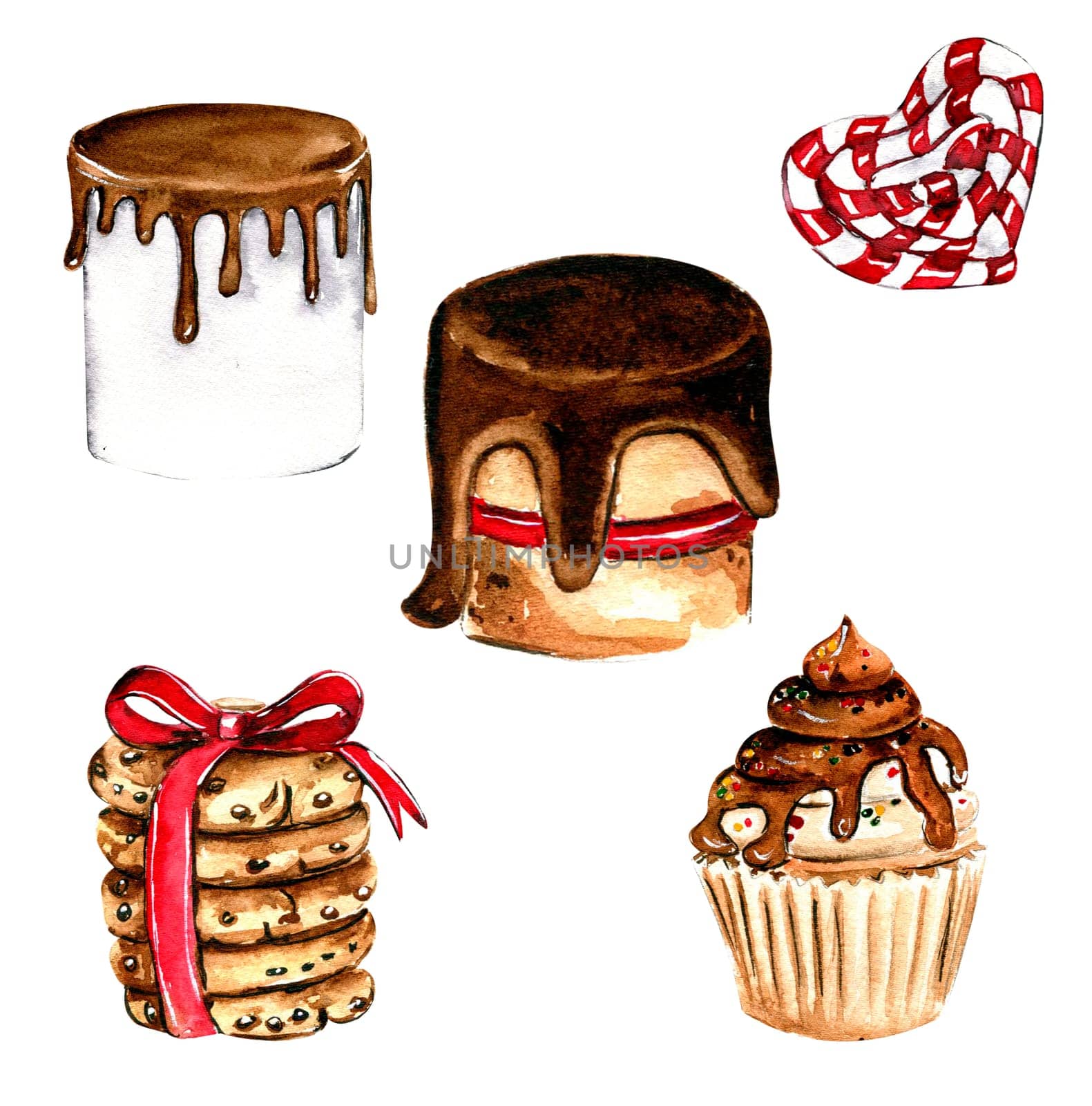 Set of elements for Christmas. Gifts, cupcake, cake,cookies.Watercolor hand drawn illustration. Winter holiday.