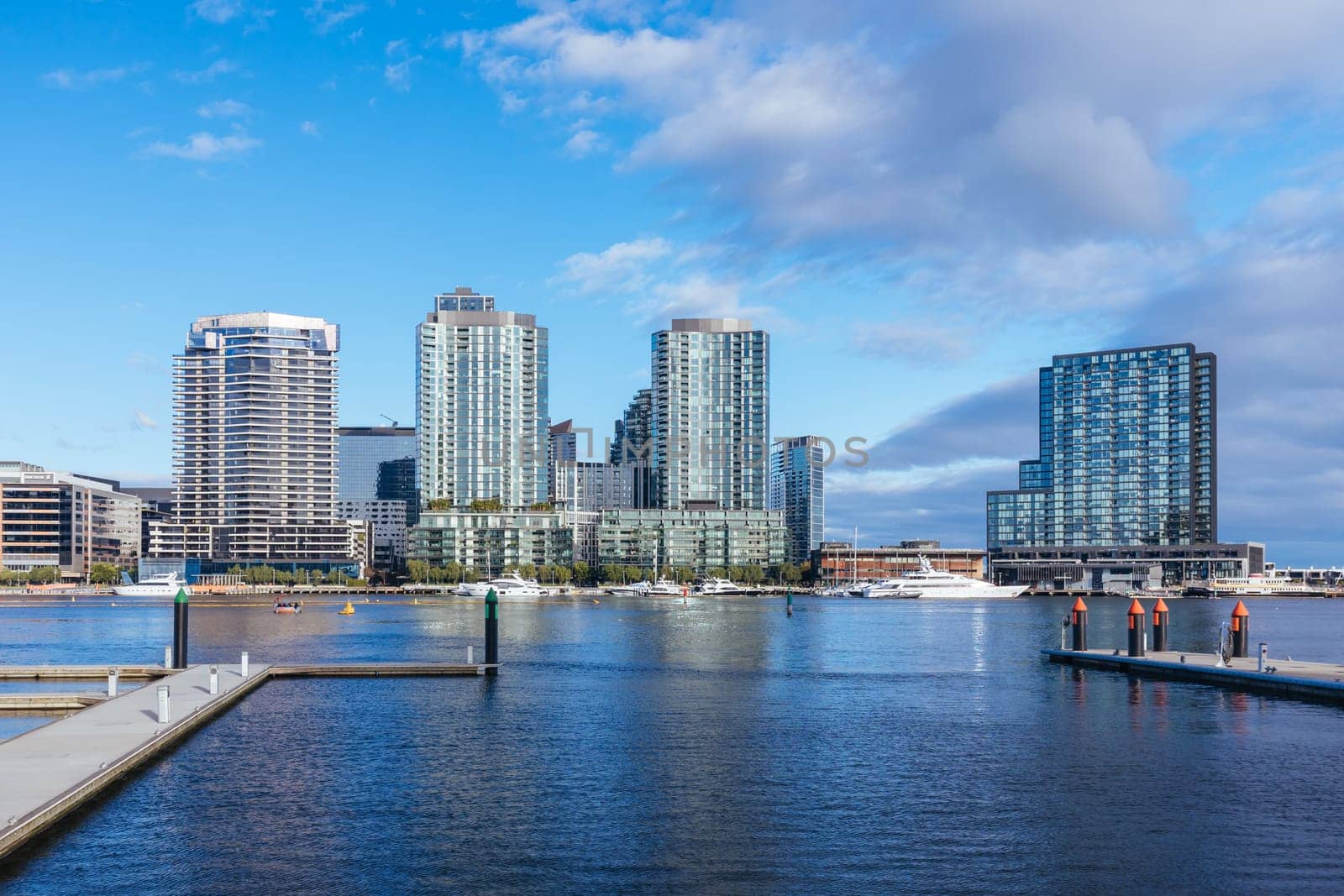 MELBOURNE, AUSTRALIA - JUNE 25: The famous Melbourne skyline from Docklands precinct on a cold winter's day on June 25th 2022
