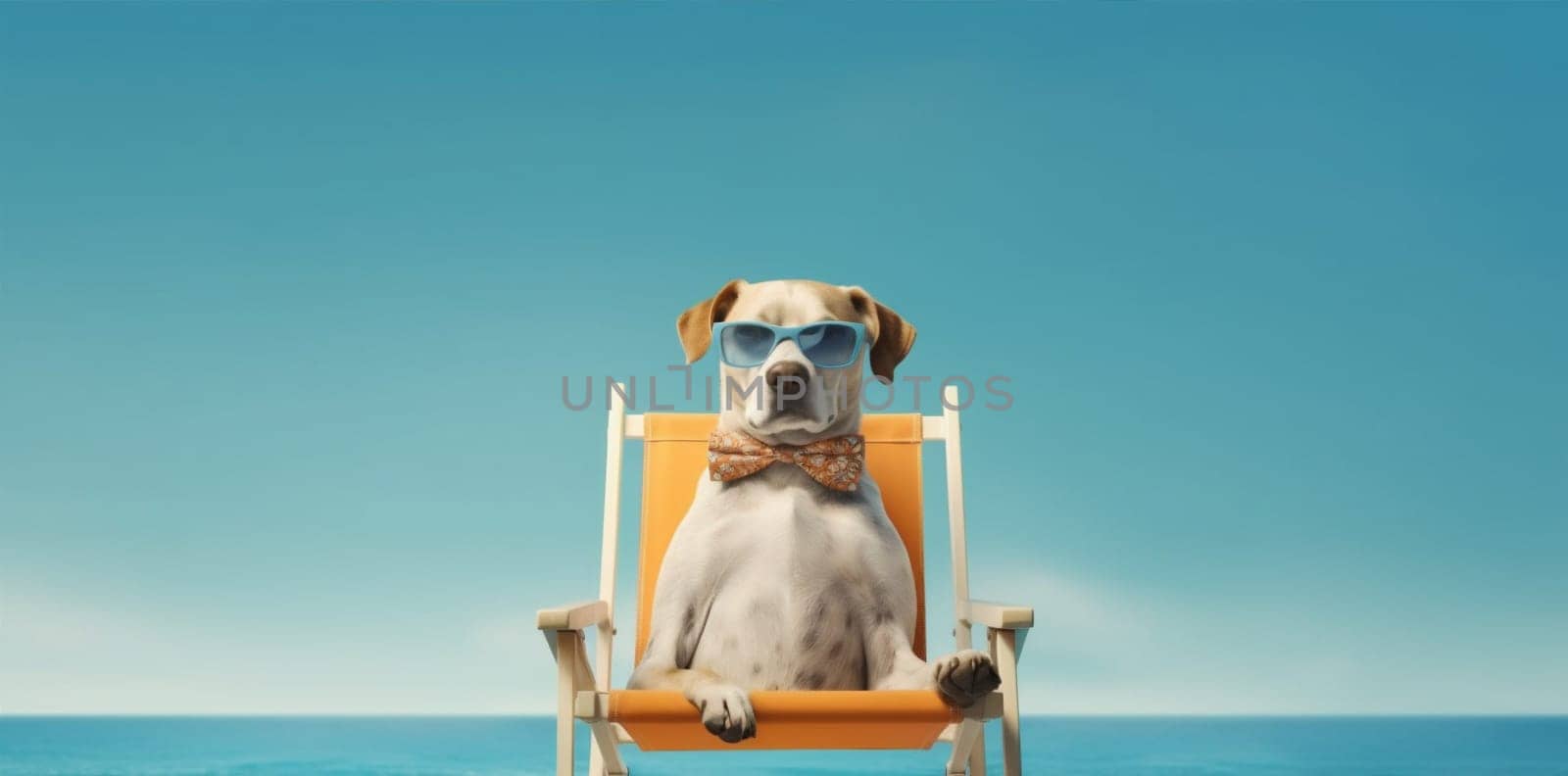 rest dog puppy chair hot summer pet funny beach holiday shore summertime lazy chill blue relax vacation sunglasses chair deck lounger. Generative AI.