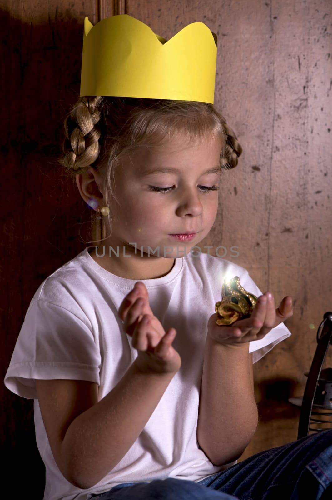 princess girl with toy frog. Cute little girl playing with a toy frog, pretending to be a princess