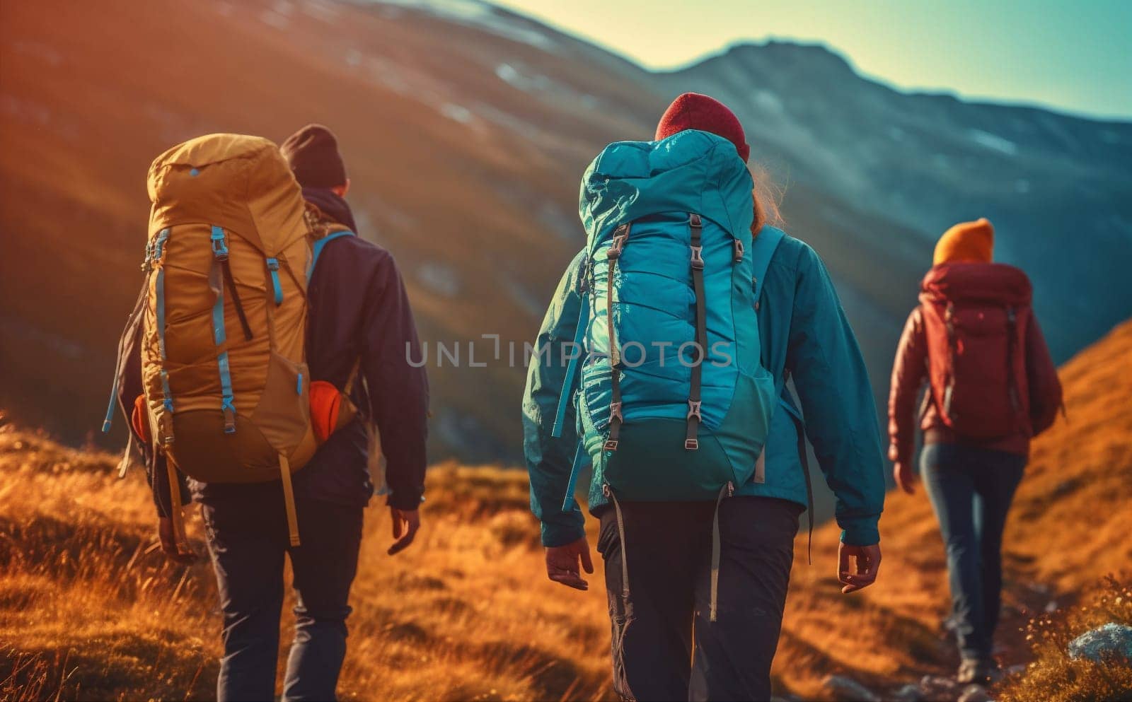 travel man tourist vacation lifestyle nature group hiking mountain trekking walking. Generative AI. by SHOTPRIME