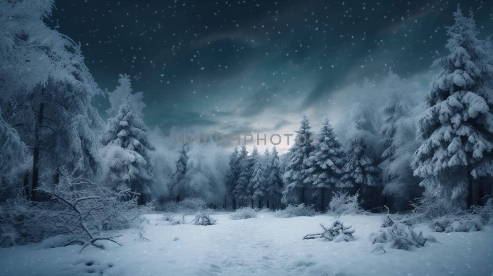 christmas year snow tree forest sky new white winter fir holiday background. Generative AI. by SHOTPRIME
