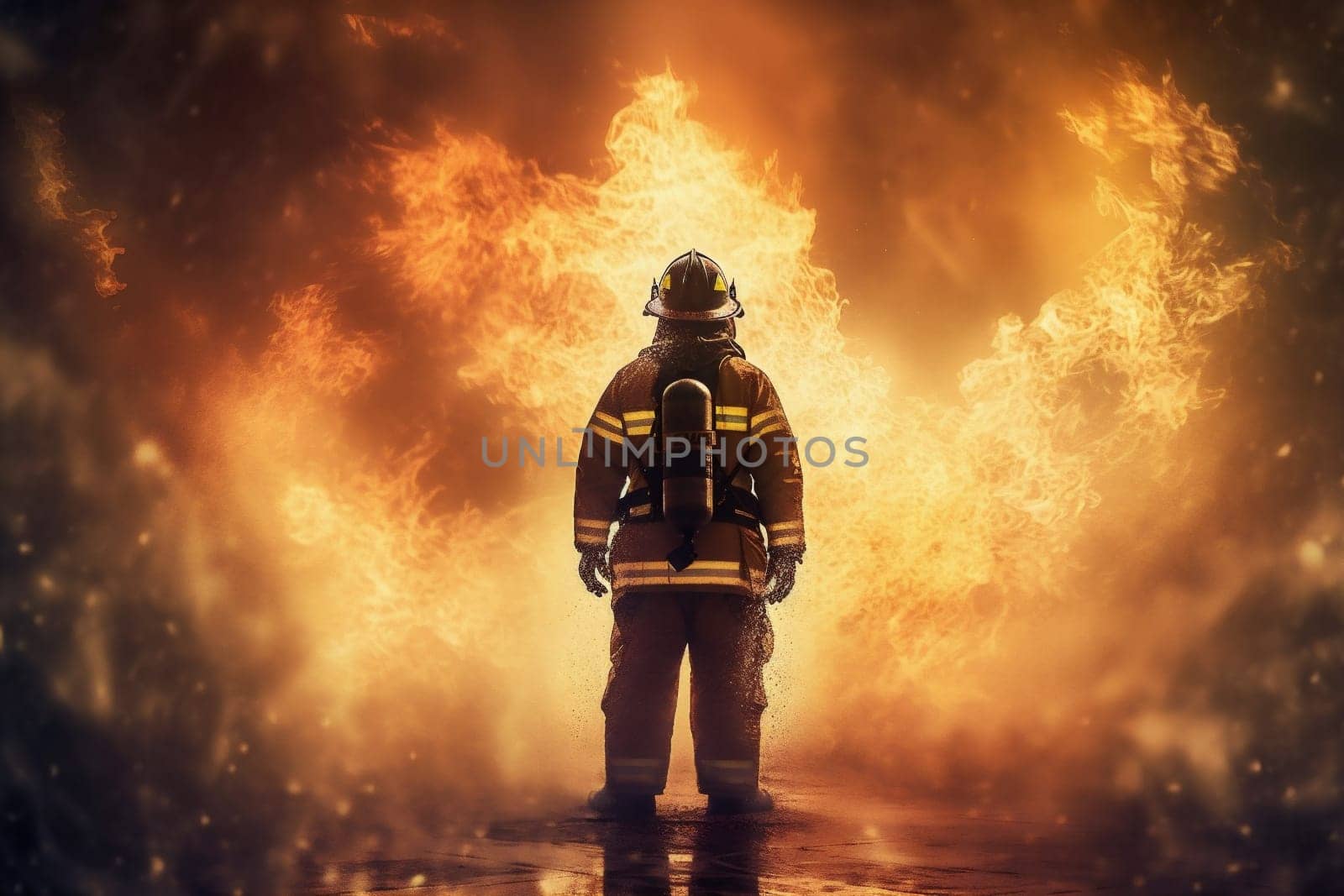 brave man fighter fireman explosion safety uniform spray smoke rescue equipment emergency hero person team fire factory work firefighter insurance. Generative AI.