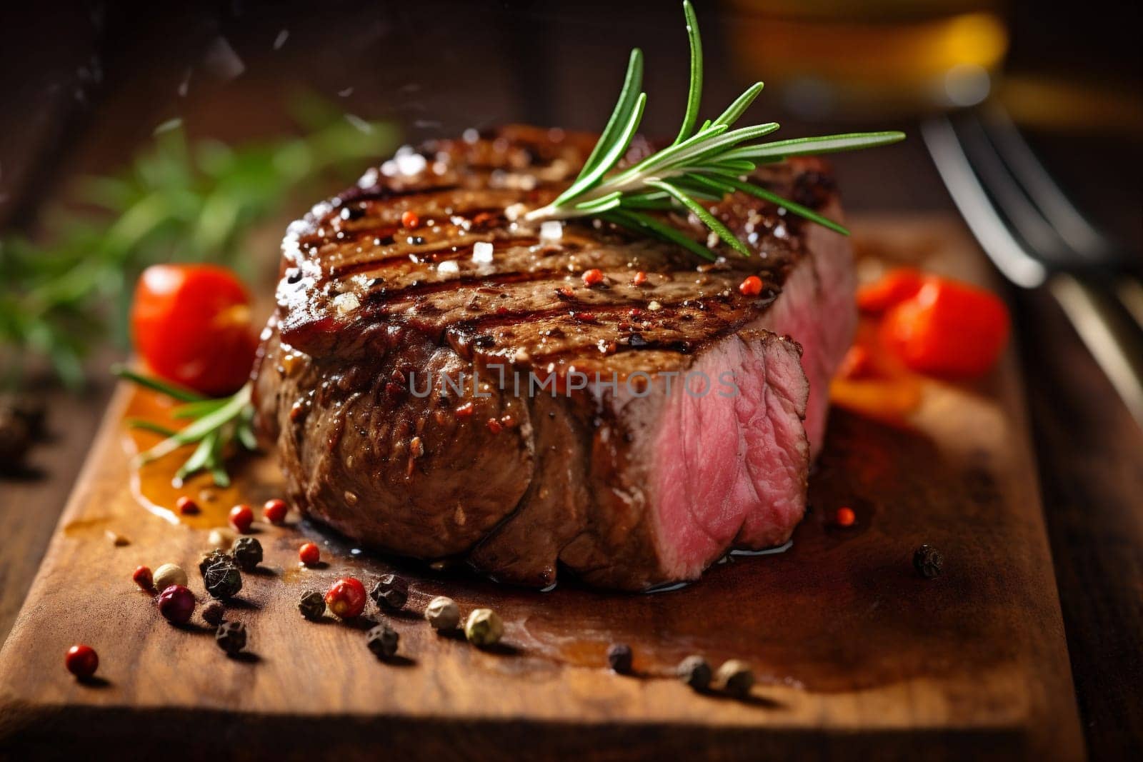background red meat fried beef food raw bar-b-q steak grill dark. Generative AI. by SHOTPRIME