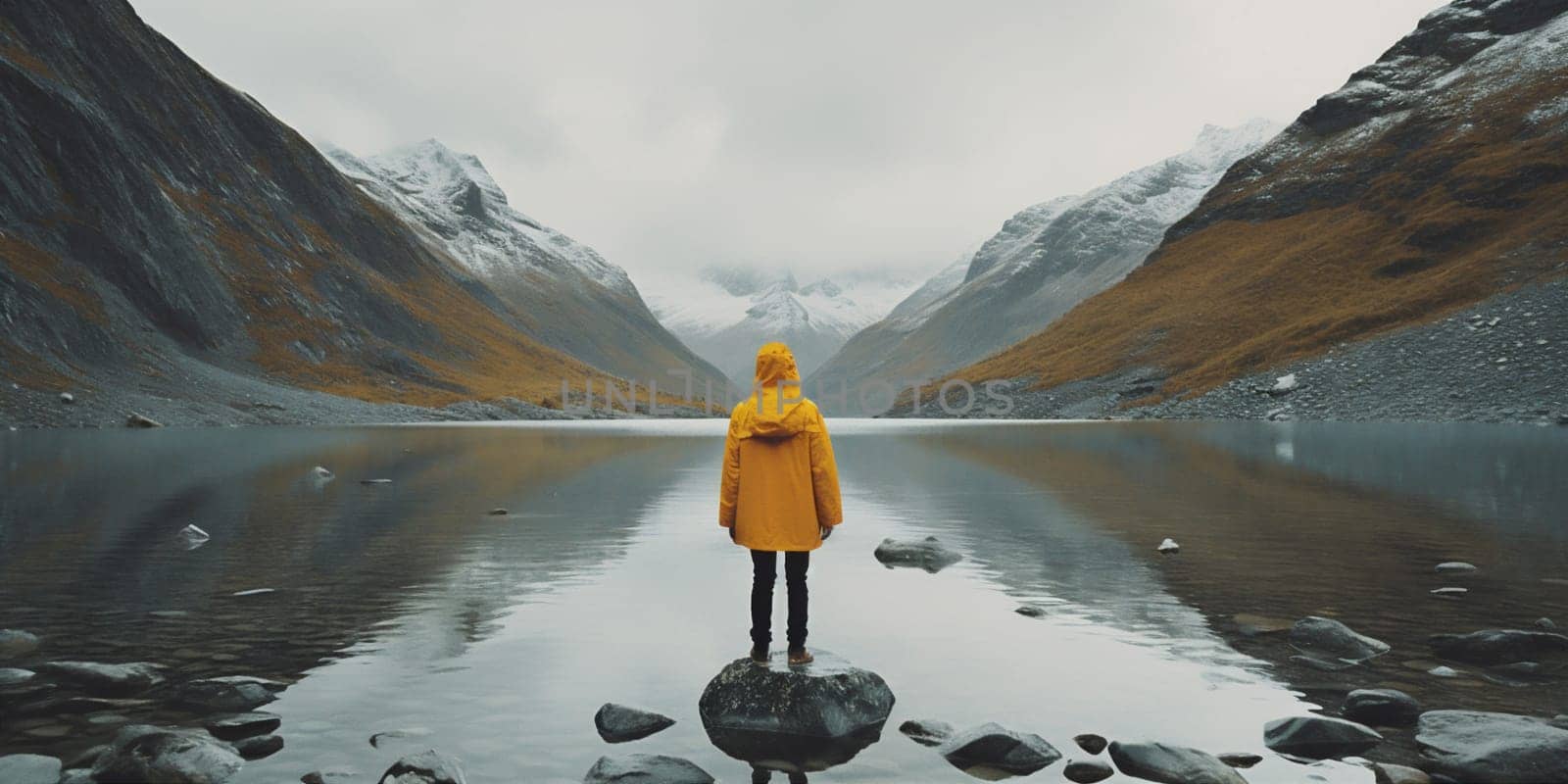 man back adventure water scenic rock looking alone freedom cape scenery happy hiking vacation yellow view nature mountain background lake travel. Generative AI.