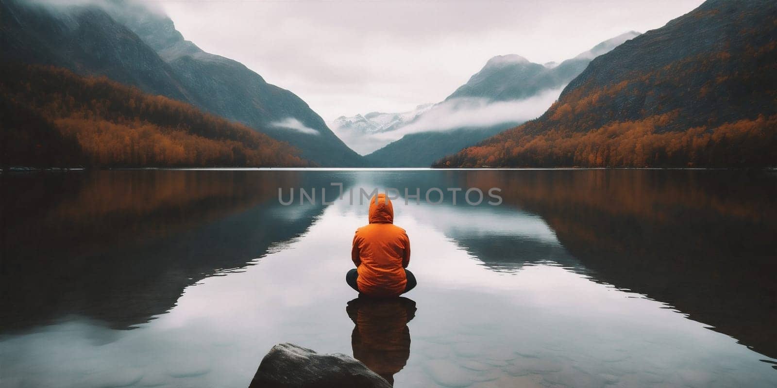 alone man happiness river lifestyle scenic cape mountain lake young outdoors hiking back beautiful relax looking nature holiday yellow travel water. Generative AI.