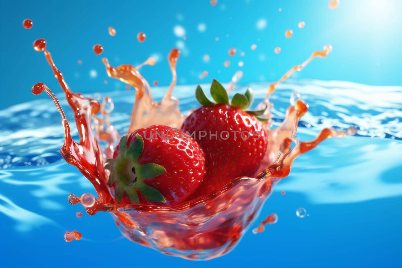 azure splash background background red fresh strawberry food clean blue beautiful liquid clear cyan healthy freshness nature fruit water ripe blue. Generative AI.