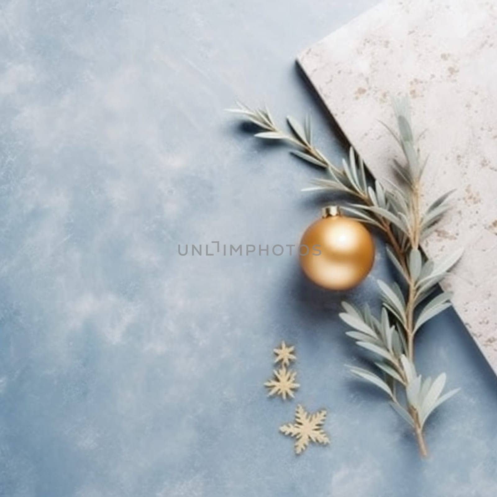 holiday decoration background christmas christmas snowflakes gold new tree year ball card. Generative AI. by SHOTPRIME