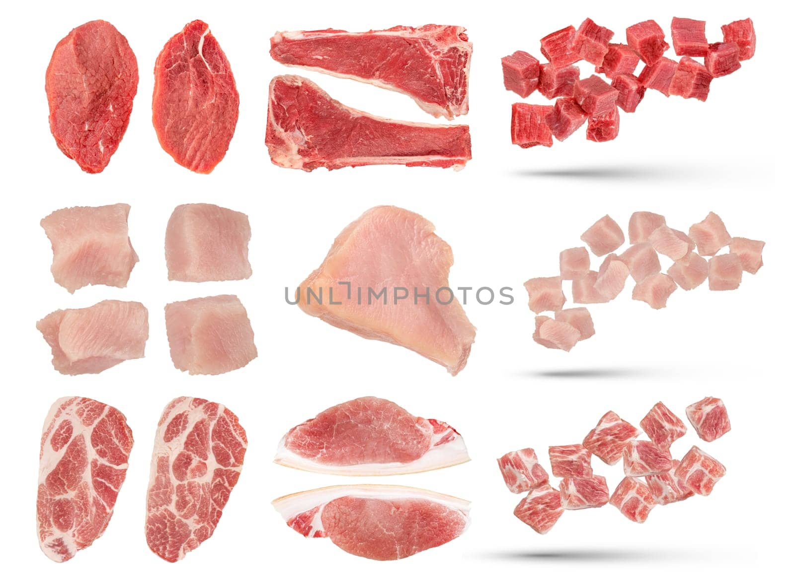 Pieces of raw meat of different varieties isolated on white background. Set of fresh meat pieces of turkey, pork and beef. A large set of meat to insert into a design or project. by SERSOL