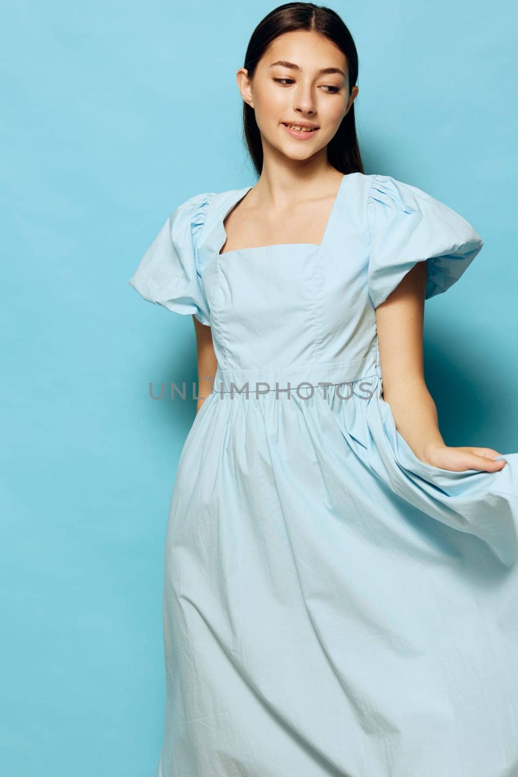 joy woman fashion young model summer studio style dress blue beautiful by SHOTPRIME