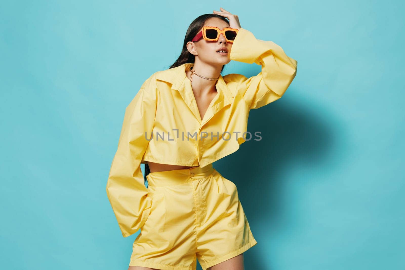 trendy woman beautiful lady young attractive lifestyle girl sunglasses fashion yellow by SHOTPRIME