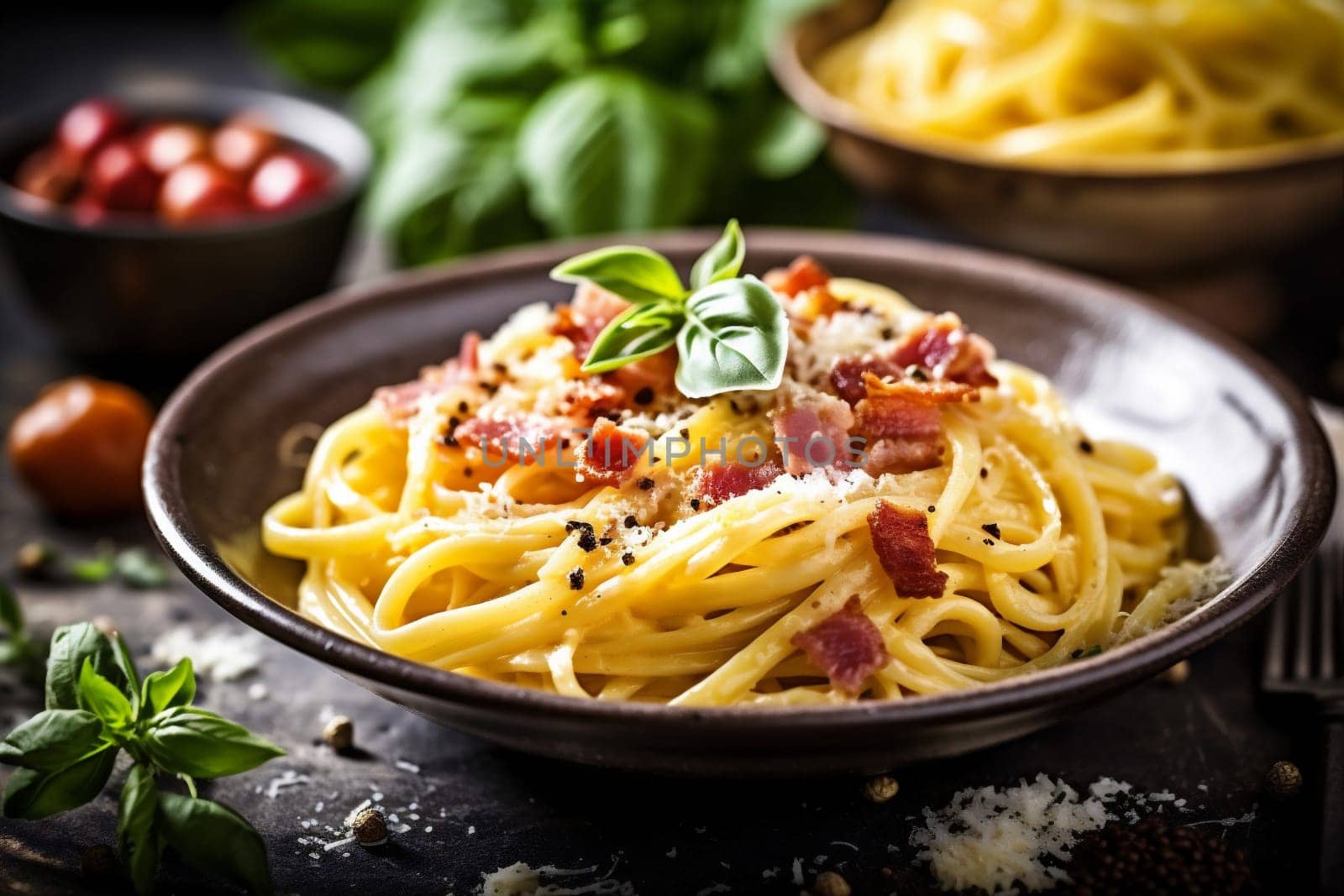 dinner italy meal restaurant traditional carbonara eating white spaghetti cooking italian cream copy meat lunch space food pasta cheese bacon sauce. Generative AI.