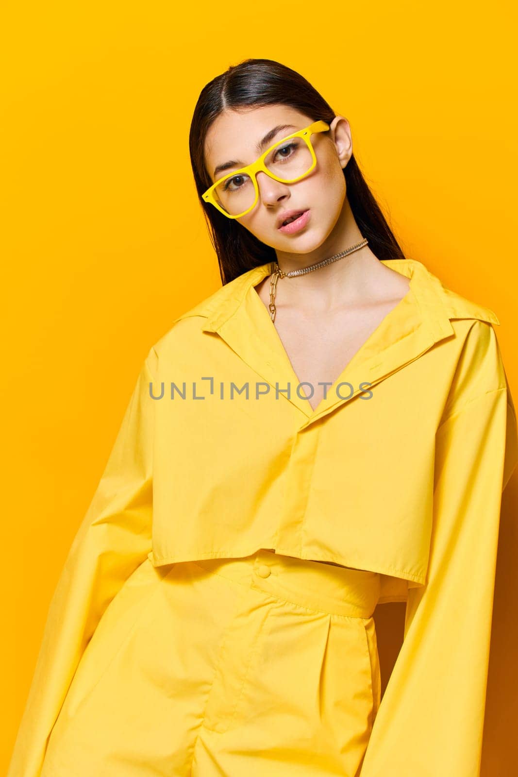 woman attractive fashion yellow trendy girl glasses lifestyle beautiful cheerful young by SHOTPRIME