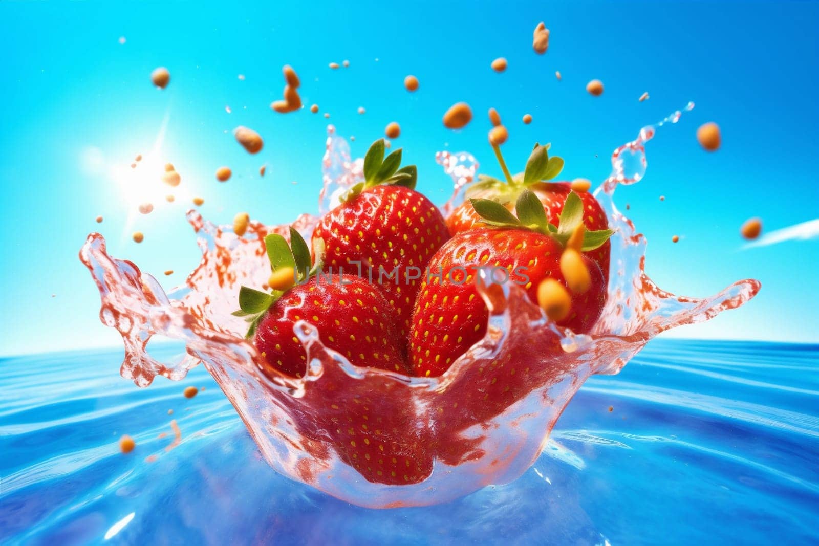 red strawberry closeup ingredient fruit water healthy hookah food azure freshness milk background splashing delicious drink splash blue fresh natural clean. Generative AI.