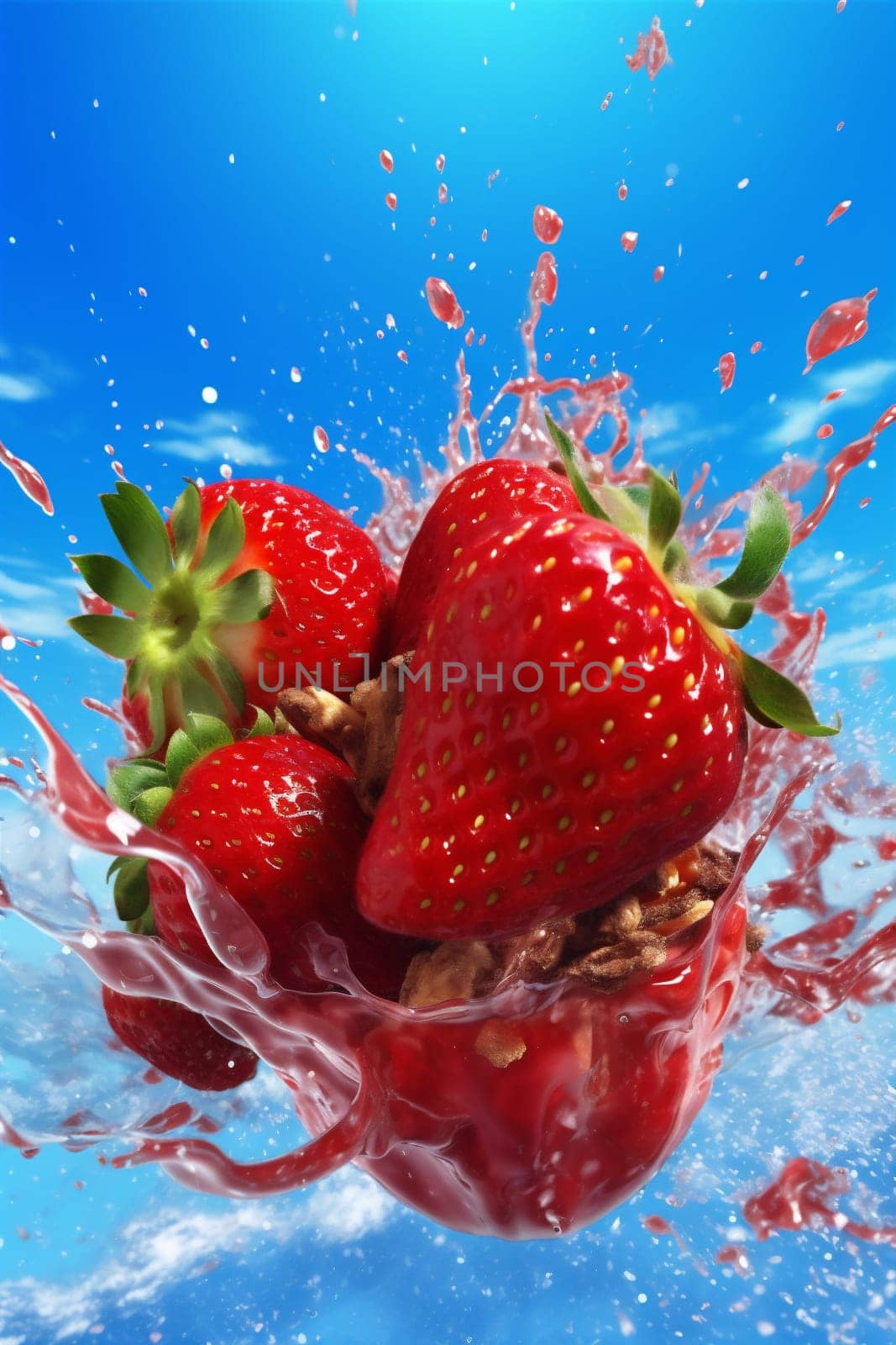 splash fruit background strawberry blue water fresh healthy freshness food red. Generative AI. by SHOTPRIME