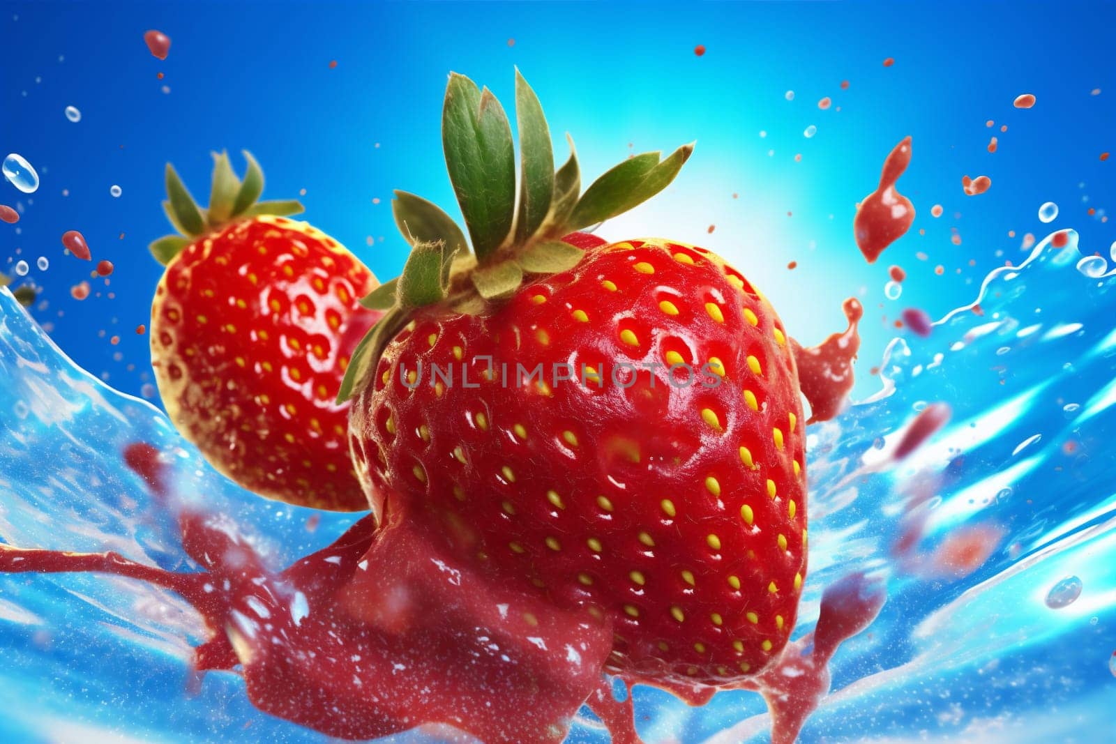 water background fruit strawberry blue healthy food red freshness splash fresh. Generative AI. by SHOTPRIME