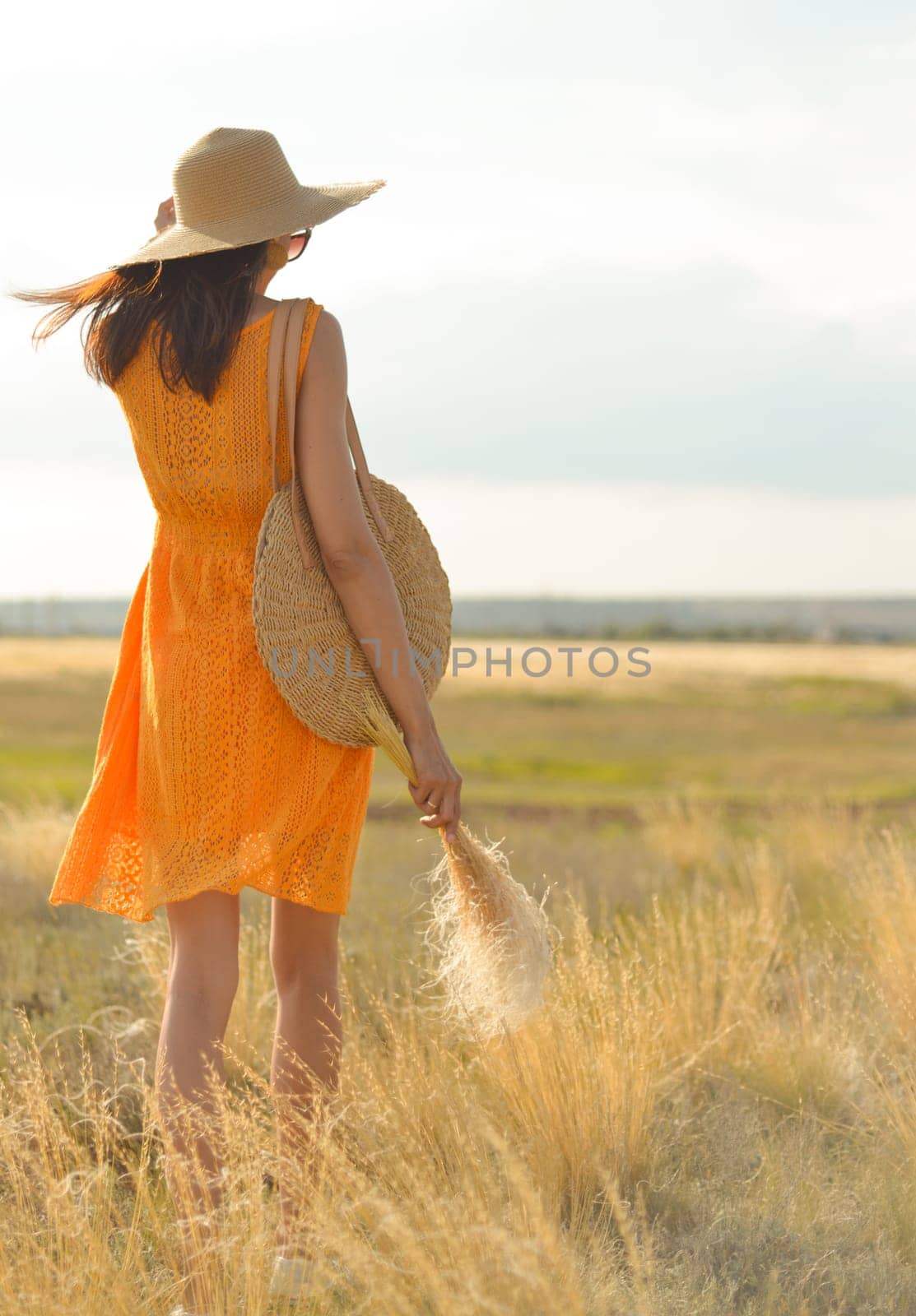 Beauty romantic girl outdoors. Rear view of a beautiful girl dressed in a casual orange dress with a straw hat and a straw bag in her hands in a field in the sunlight. Blows long hair. Autumn. Shine the sun, sunshine. backlit Warm tinted.