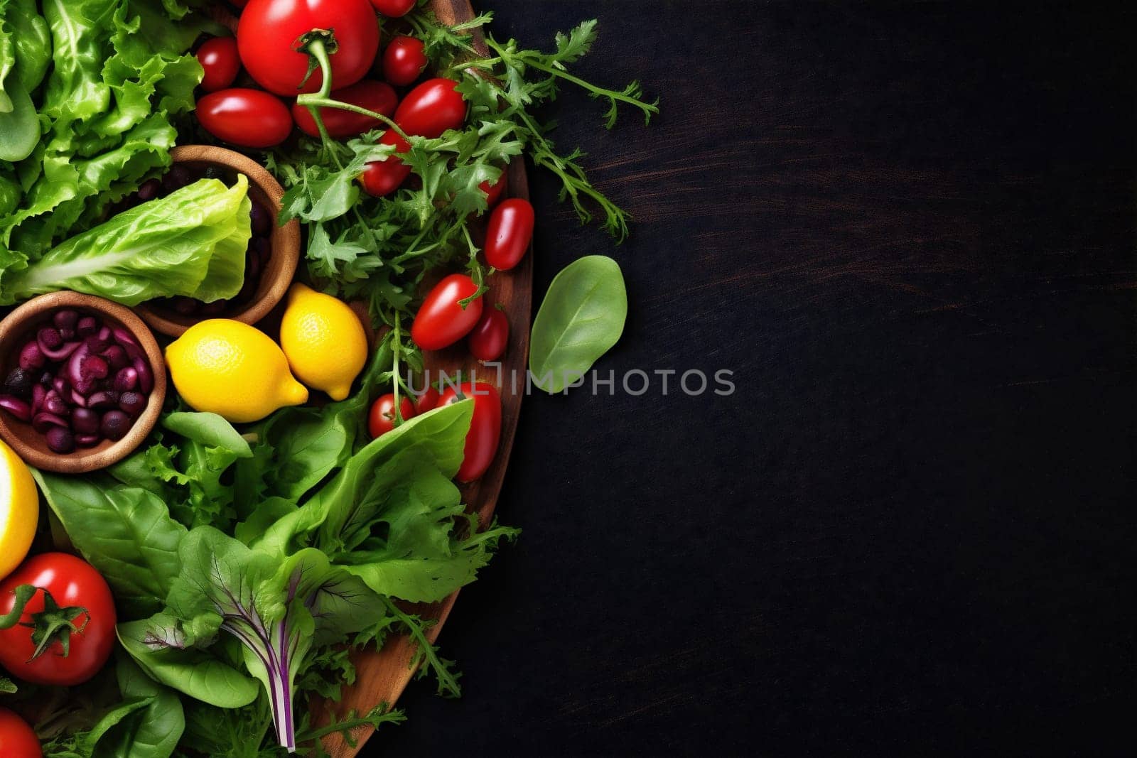 healthy vegetable green dark salad food fresh vegetarian diet background summer. Generative AI. by SHOTPRIME