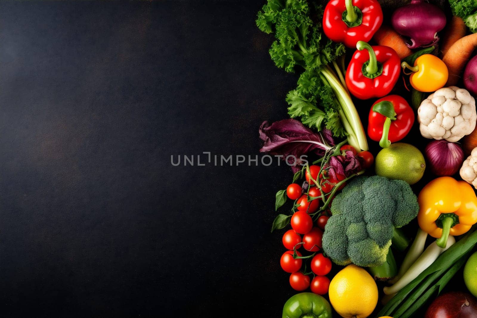 cooking ingredient fresh dark table farmer vegetable vegetarian background healthy food. Generative AI. by SHOTPRIME