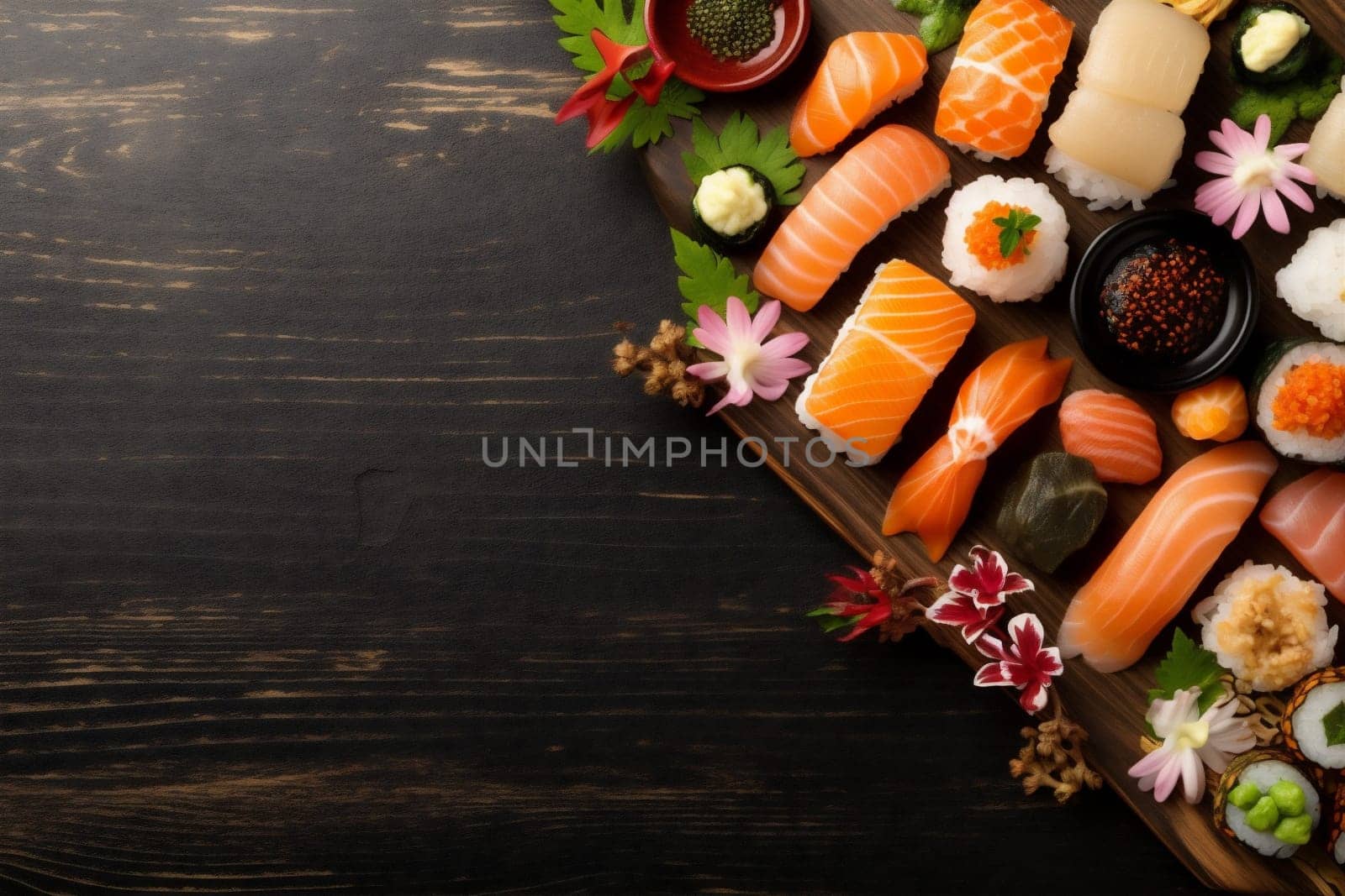 delicious copy seafood roll restaurant black japanese sushi red healthy fish space asia sashimi wasabi rice food japan fresh sauce asian. Generative AI.