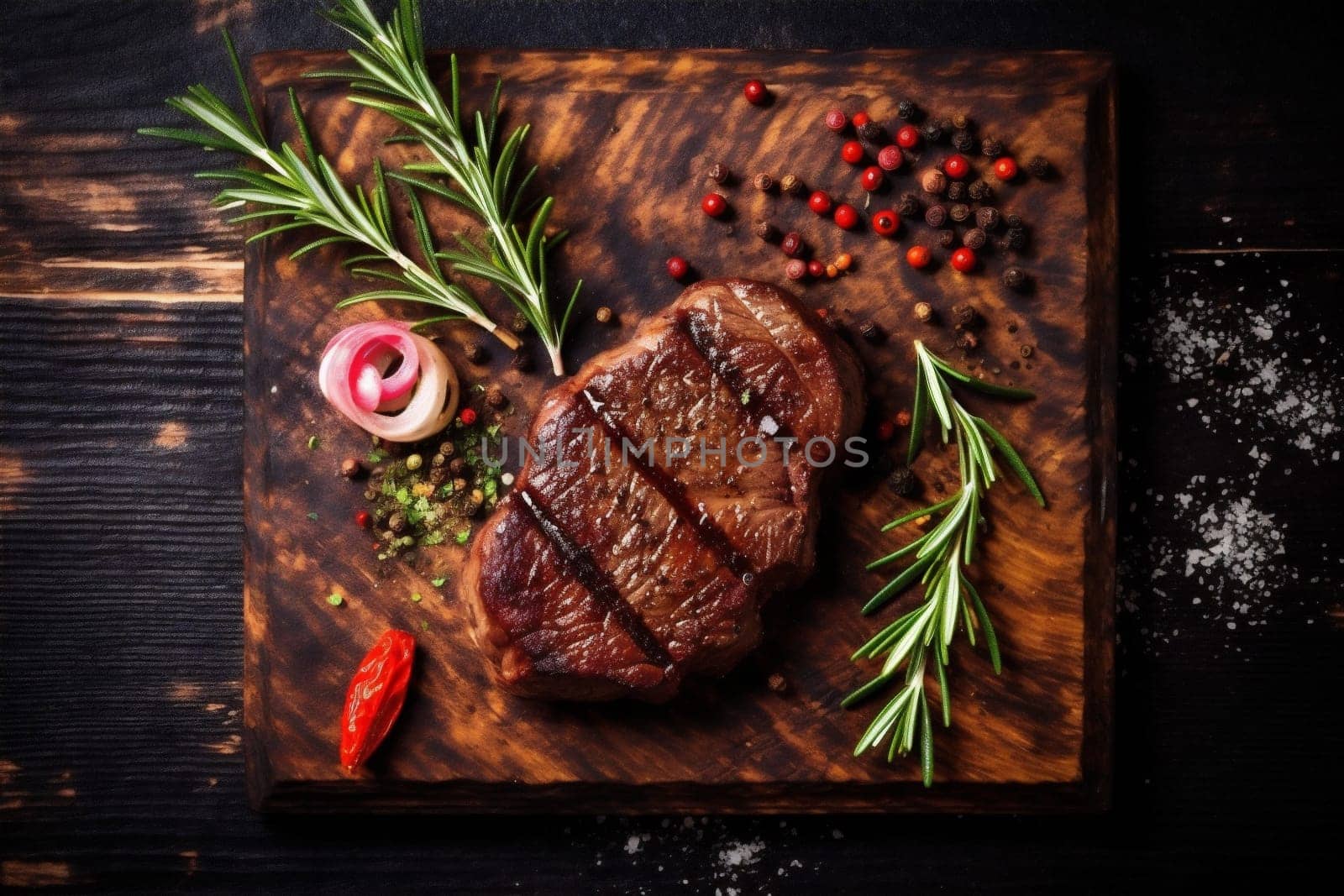 fire beefsteak sirloin black beef grill raw herb dark wooden tenderloin meat meal food preparation background red ribeye spice fried steak. Generative AI.