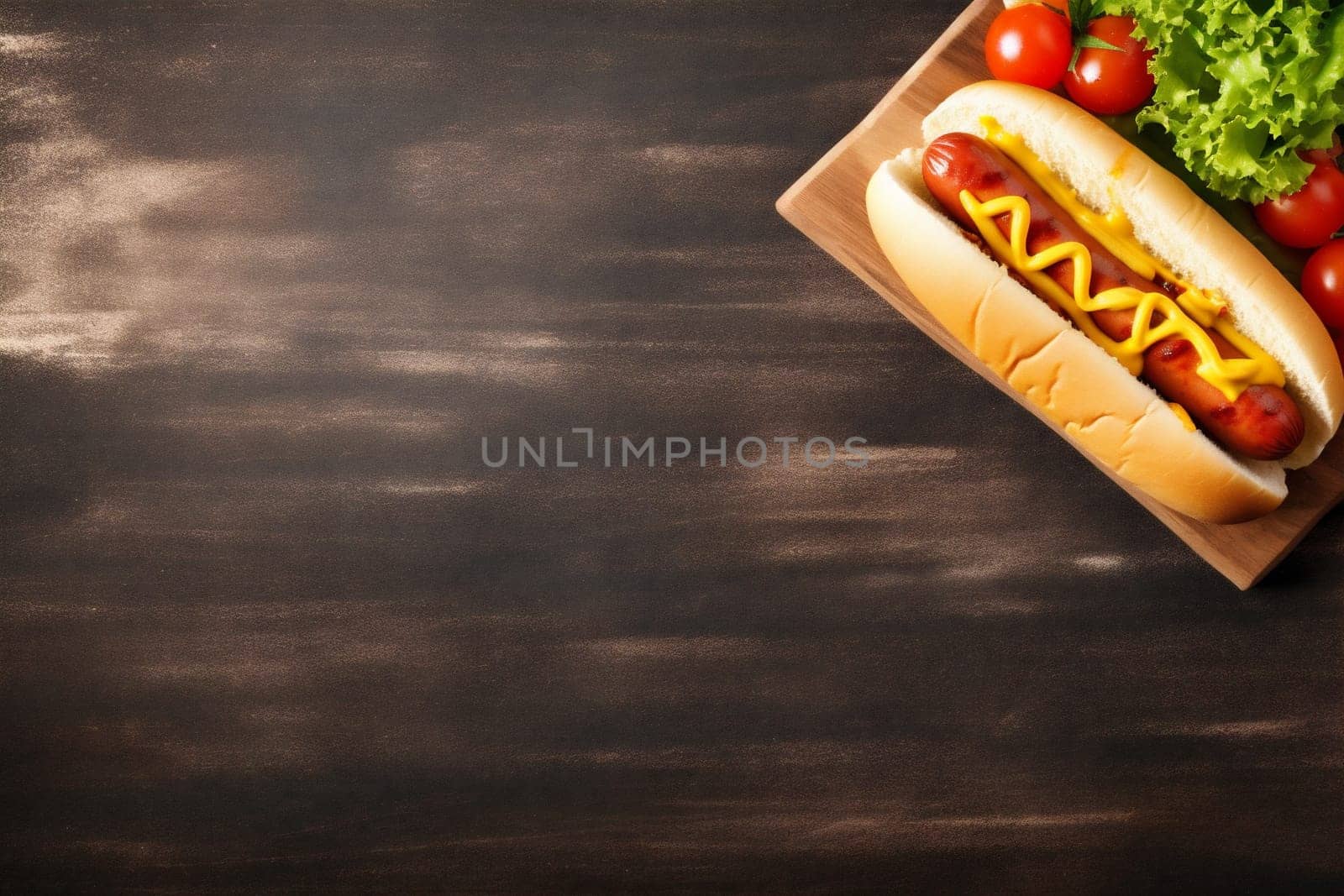 junk dog dinner ketchup bread sausage sauce hot dark background meal fast meat wooden eat tasty food american tomato sandwich yellow. Generative AI.