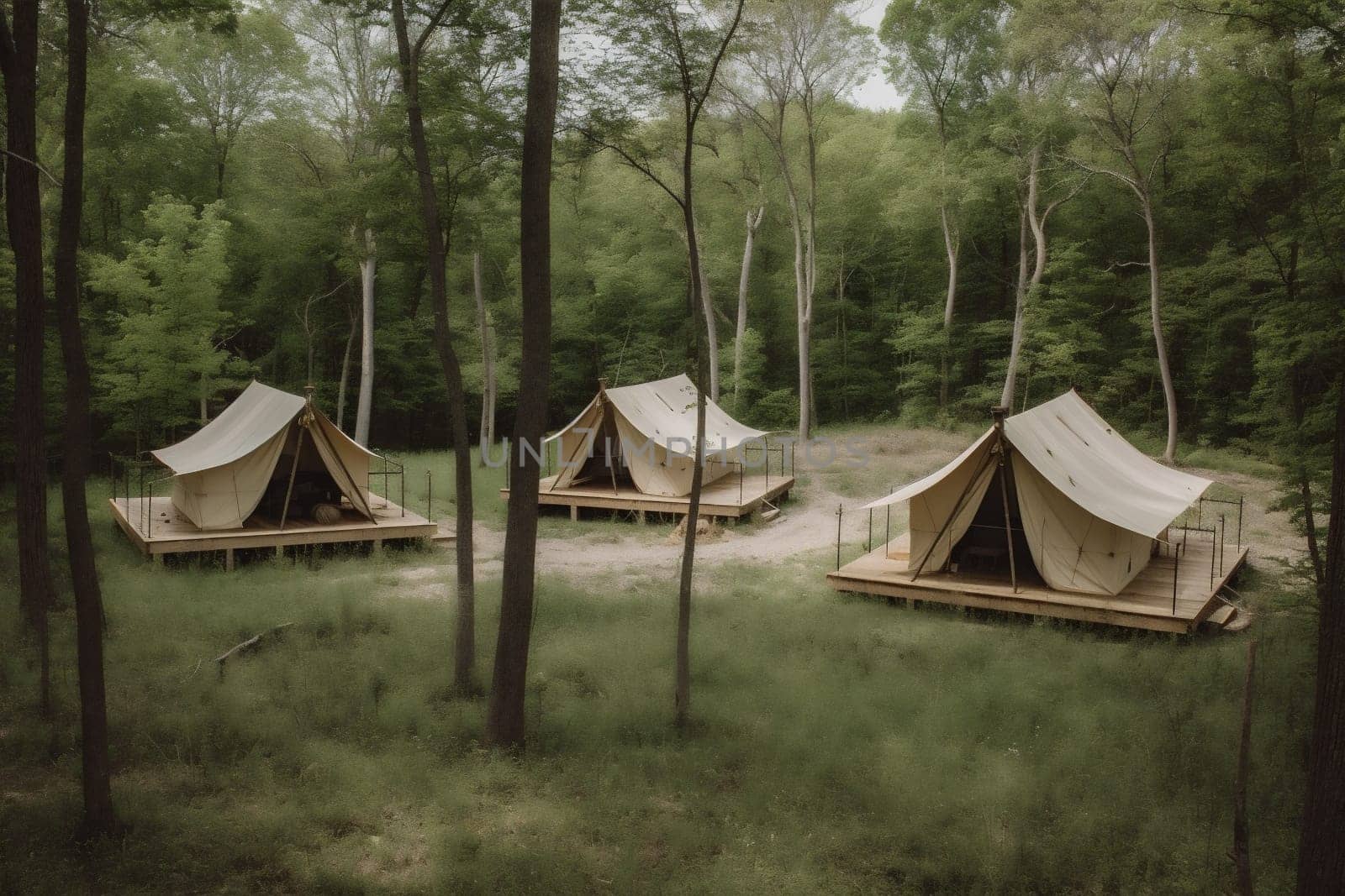 canvas travel glamping luxury light tent camping forest nature vacation. Generative AI. by SHOTPRIME