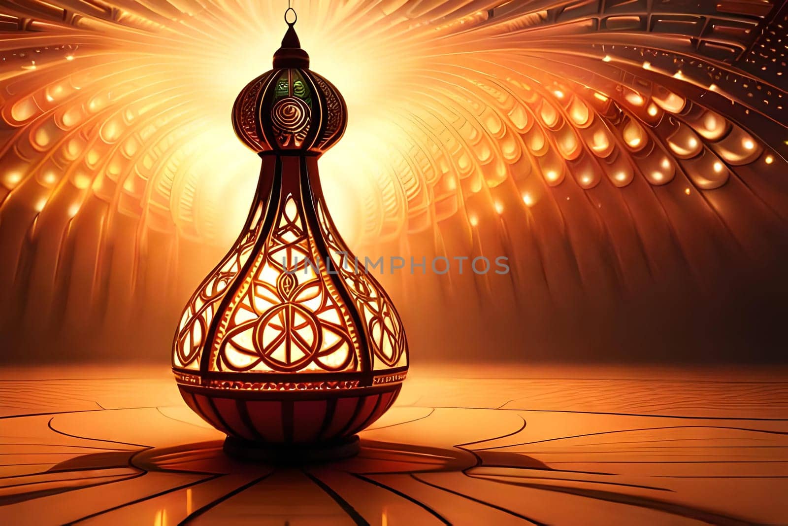 3D rendering indian lamp for diwali celebration on soft background ethereal. Colorful particle effects in the background. Gold filigree on a indian lamp. AI-generated Digital Art