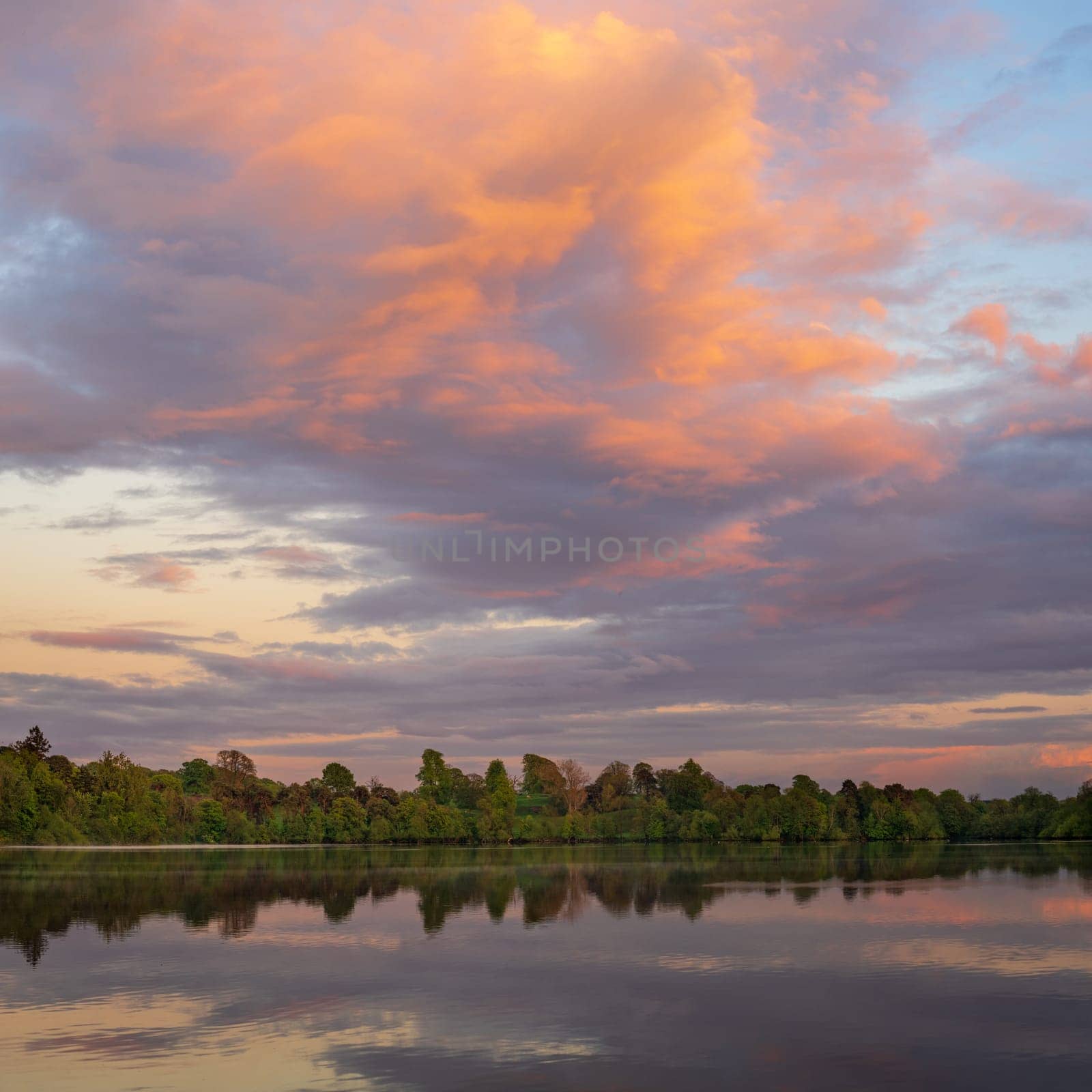 View across the Ellesmere Mere to a clear reflection of distant trees by steheap