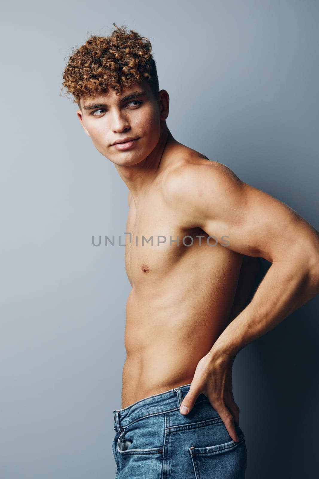 man model abs shirtless attractive healthy curly muscle person jeans by SHOTPRIME
