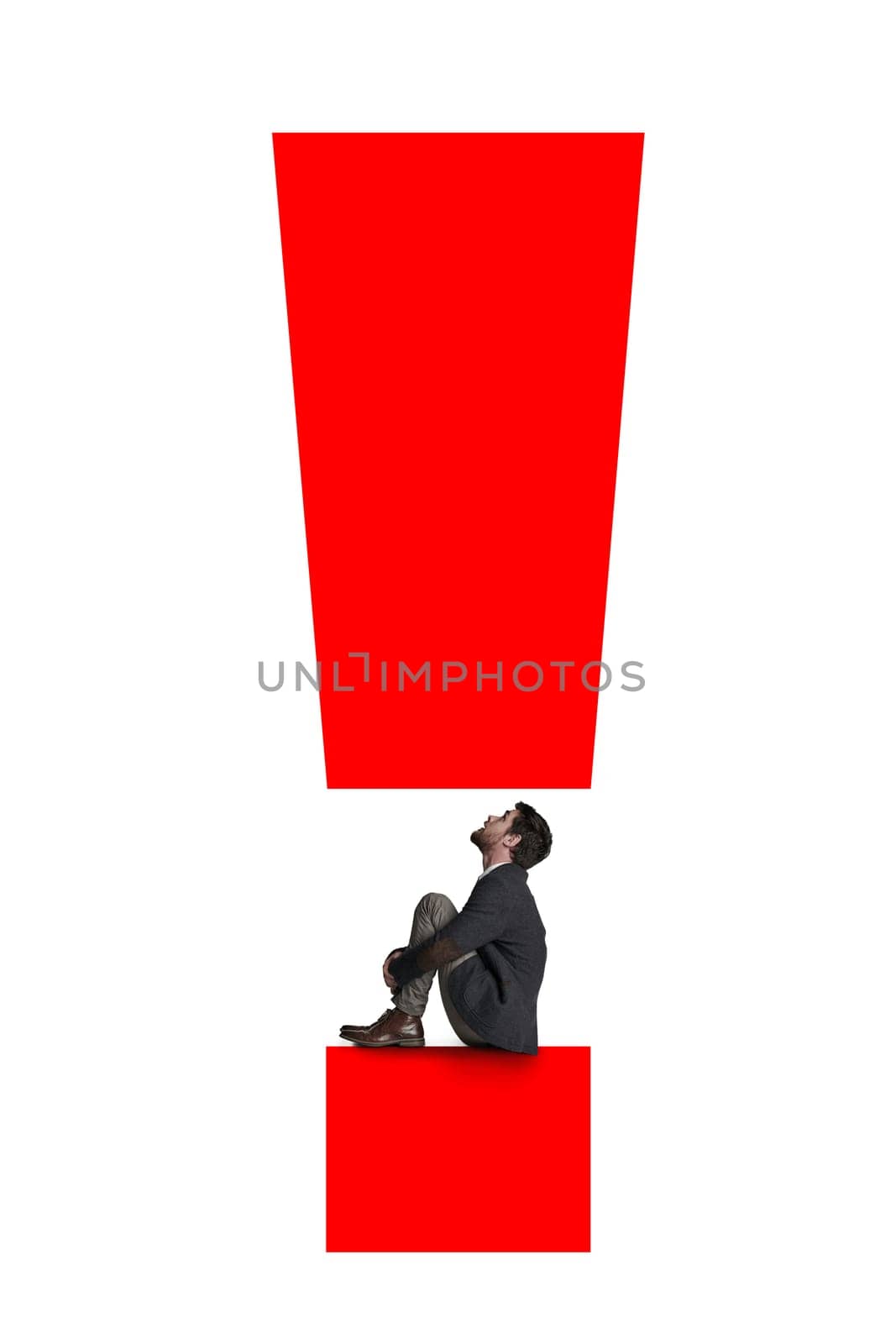 Save yourself before debt crushes you. an unrecognisable businessman stuck in between an exclamation mark against a white background. by YuriArcurs