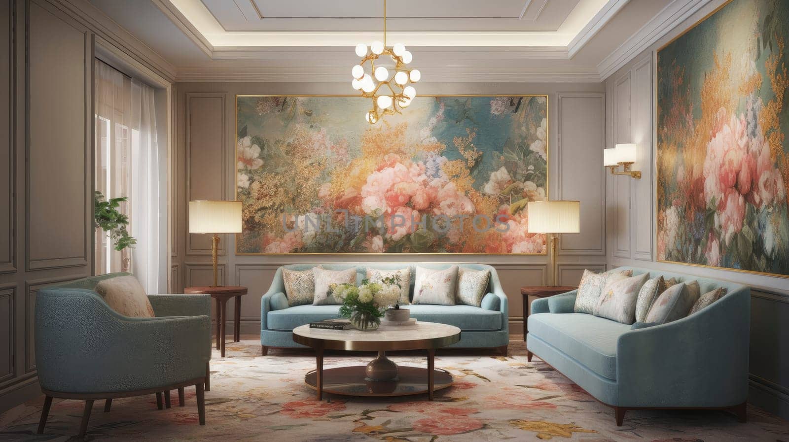 New design grey living room with colorful details and window