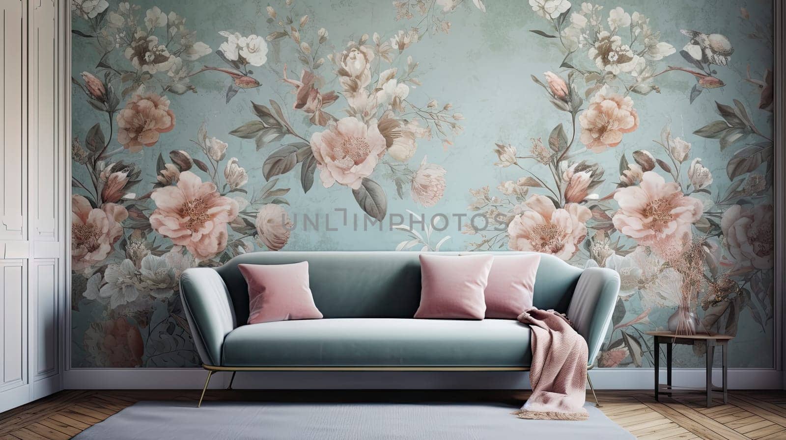 Interior of light living room with comfortable sofa. Ai generative