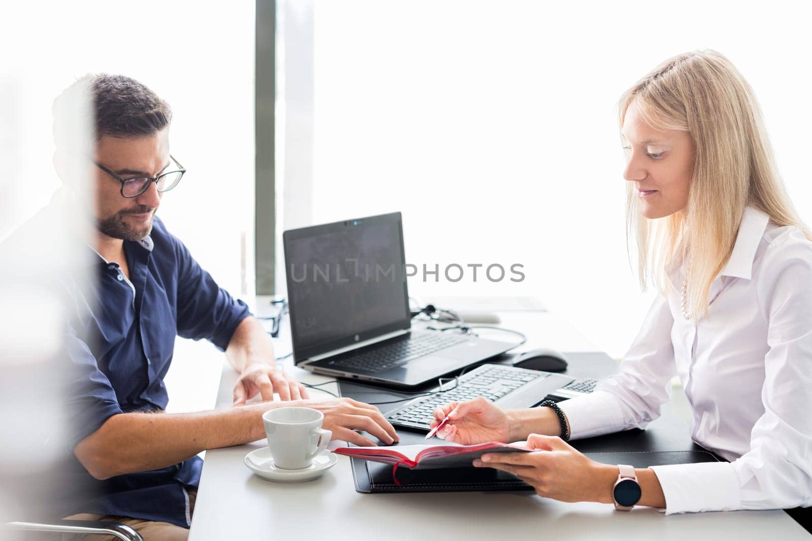 Business meeting. Client consulting. Confident business woman, real estate agent, financial advisor explaining details of project or financial product to client in office