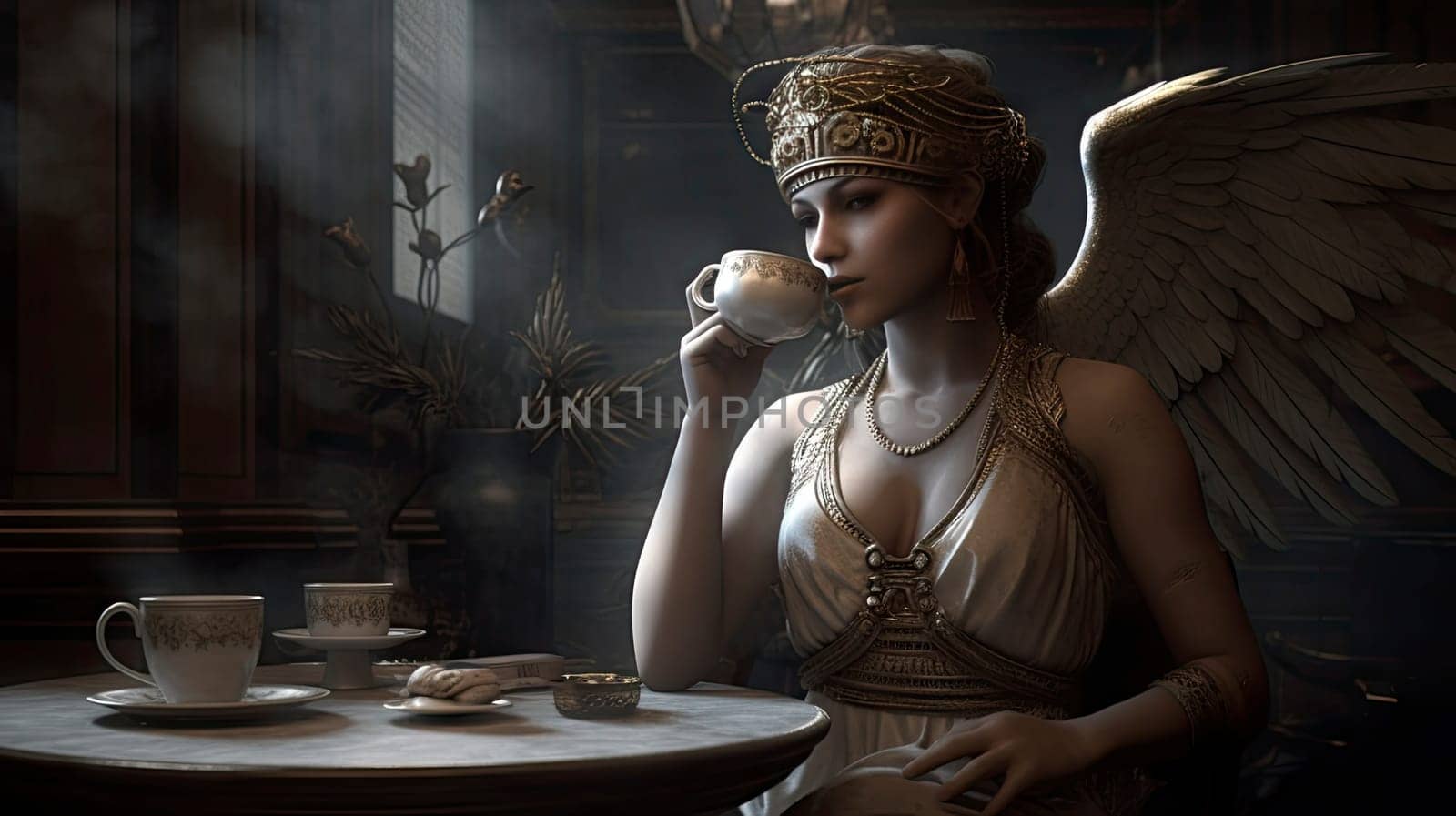 Goddess Hypnos drinking coffee. ai generative.