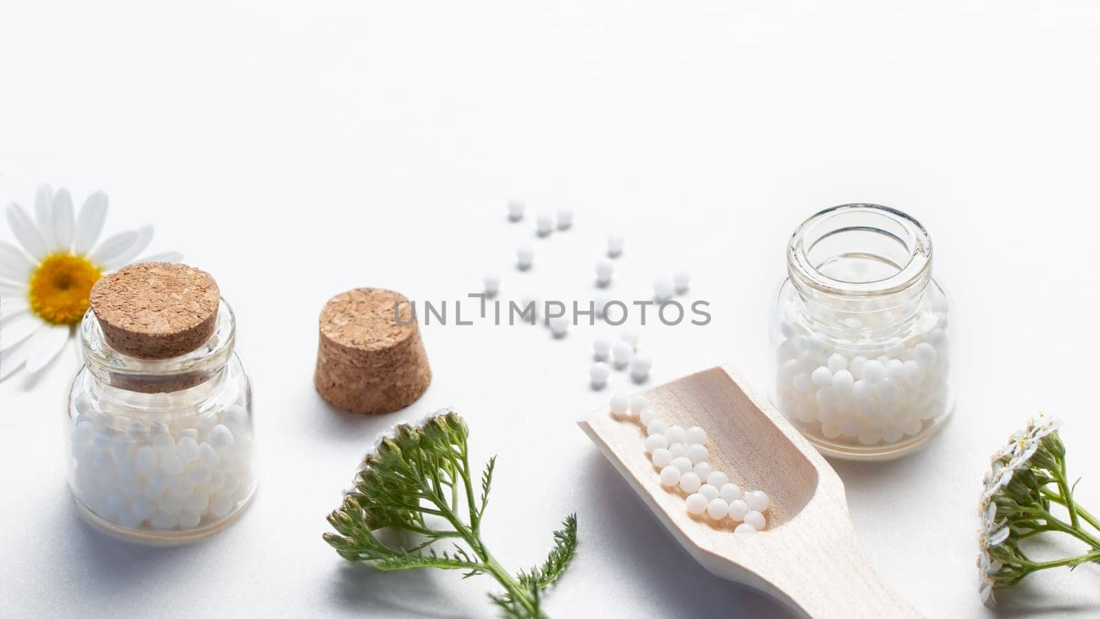 Homeopathic medicines and medicinal plants on a light background, copy space by galsand