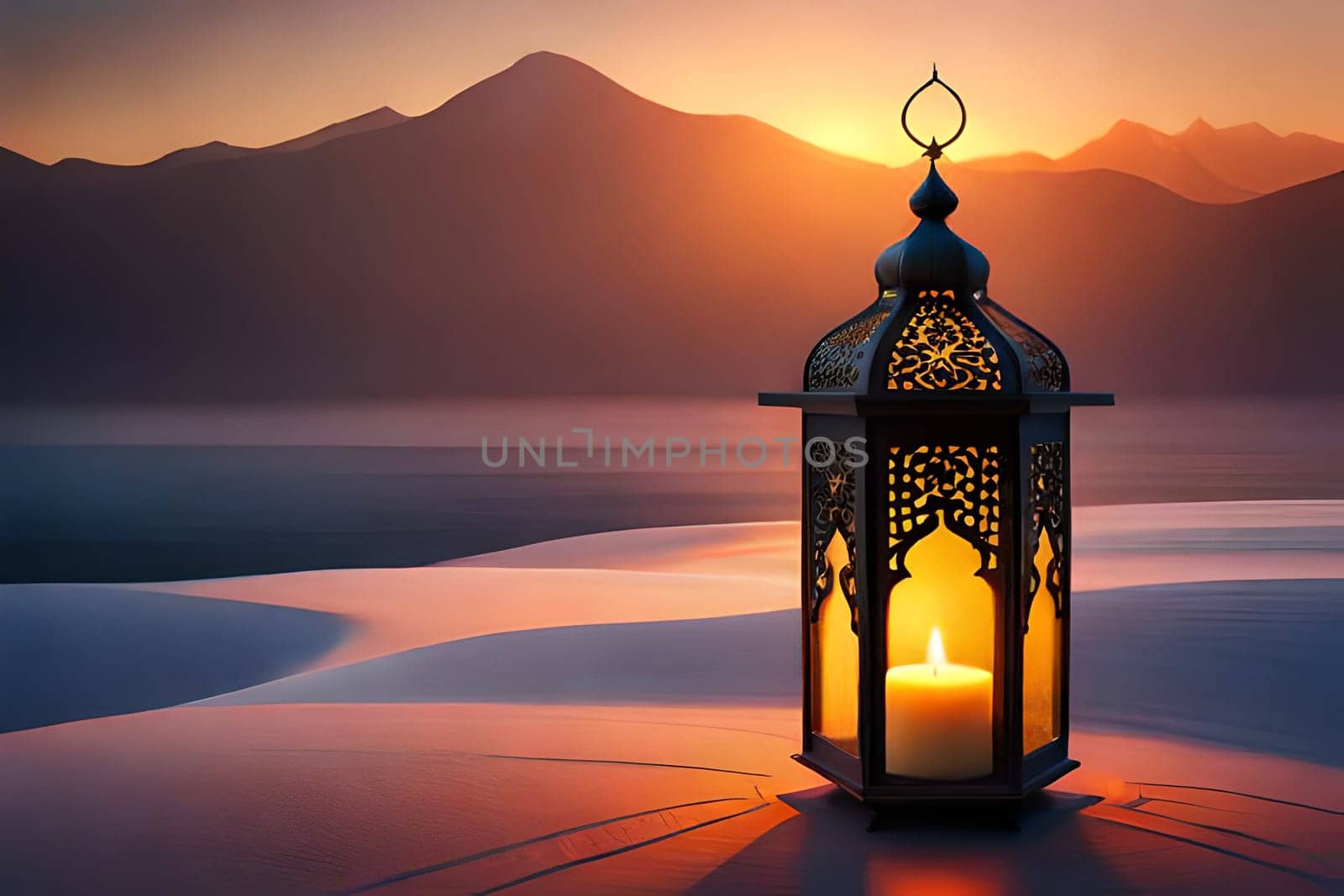 Ornamental Arabic lantern with burning candle glowing . Festive greeting card, invitation for Muslim holy month Ramadan Kareem. Ramadan Kareem greeting photo with serene mosque background.