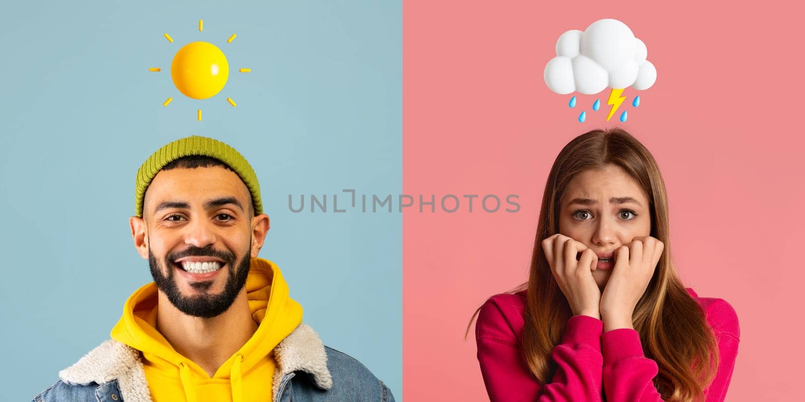 Emotional Diversity. Man With Sun And Woman With Thunder Cloud Emoji Above Head Posing Over Colorful Backgrounds, Arab Male And Caucausian Female Expressing Mood Swings, Creative Collage