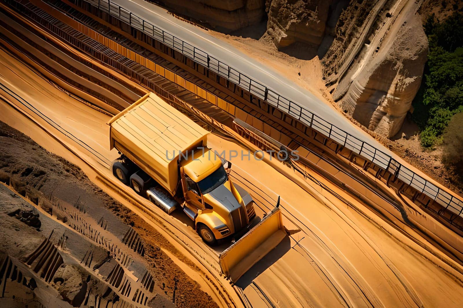 Top view of on the truck and bulldozer working in the stone mine. Excavator loader machine during earthmoving works outdoors. High quality photo