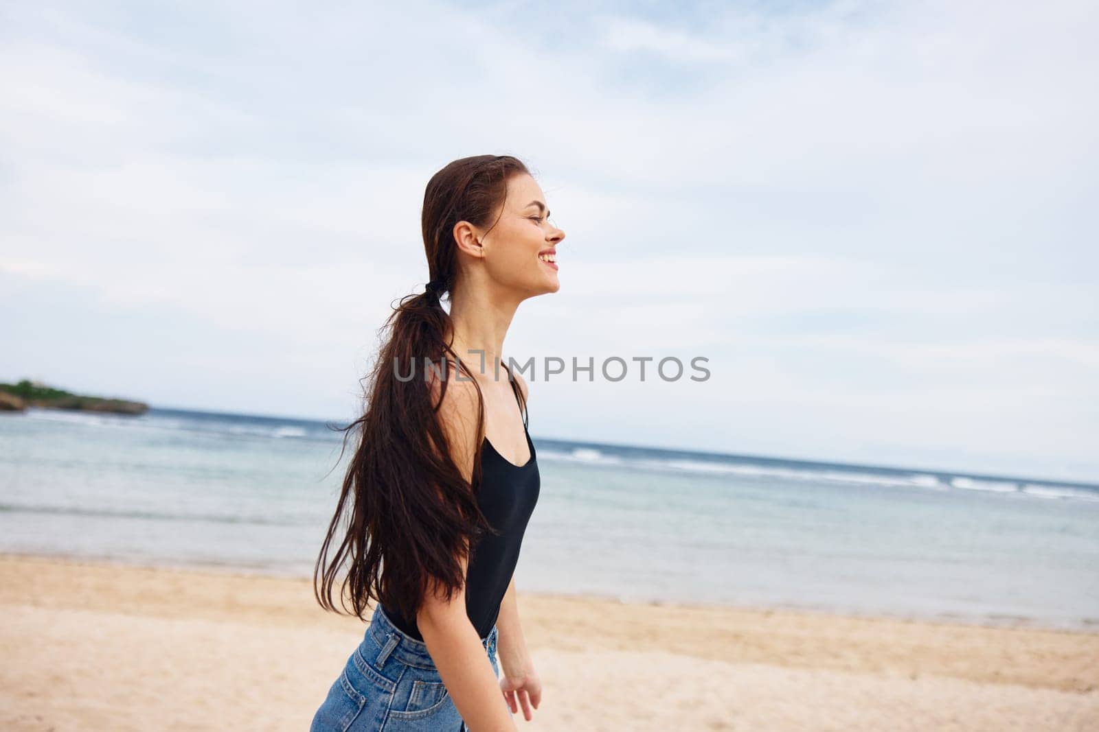 woman young summer lifestyle sea smile sunset travel hair running beach by SHOTPRIME