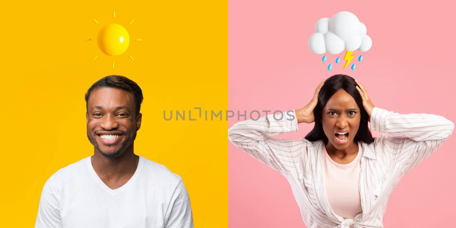 Temperament Clashes In Relationships. Black Man And Woman With Different Mood Posing Over Colorful Backgrounds, Creative Collage Of Couple With Sun And Rainy Cloud Emojis Above Head, Panorama