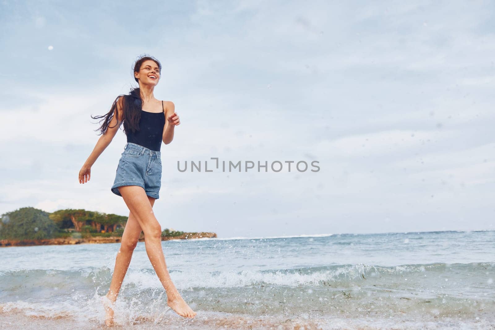 woman summer running relax travel smile young beach lifestyle sunset sea by SHOTPRIME