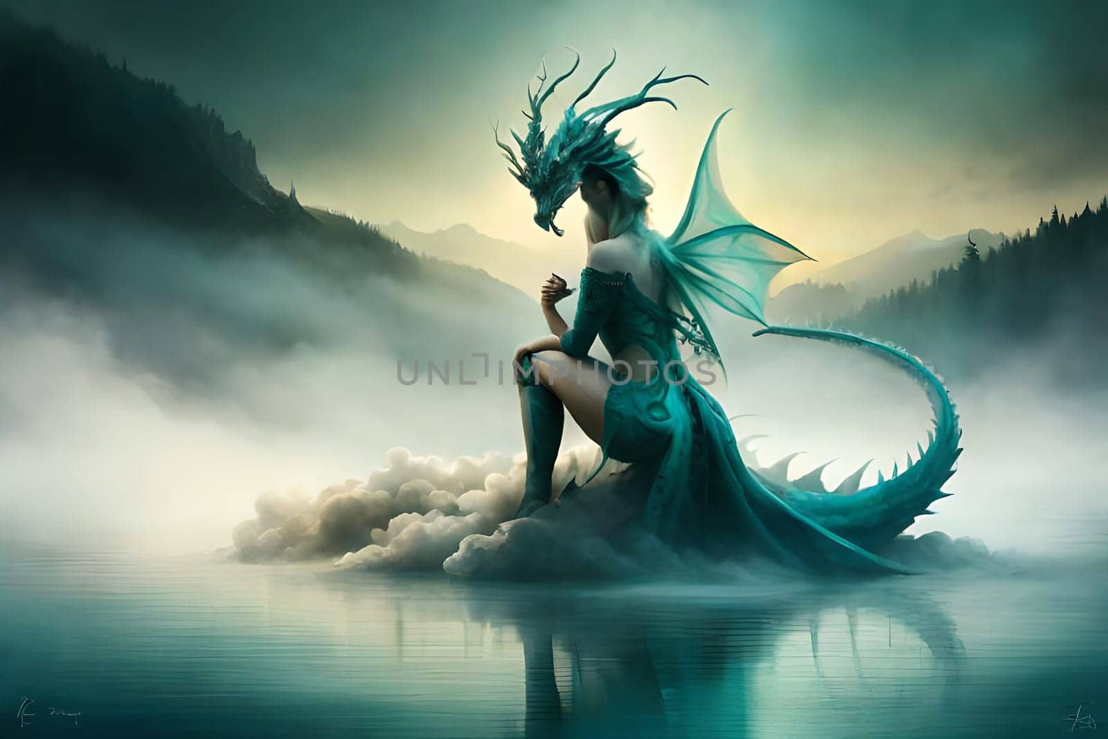 A painting of a friendly dinosaur with a mountain in the background. Fantasy friendly dragon portrait. Surreal artwork of dragon from medieval mythology.