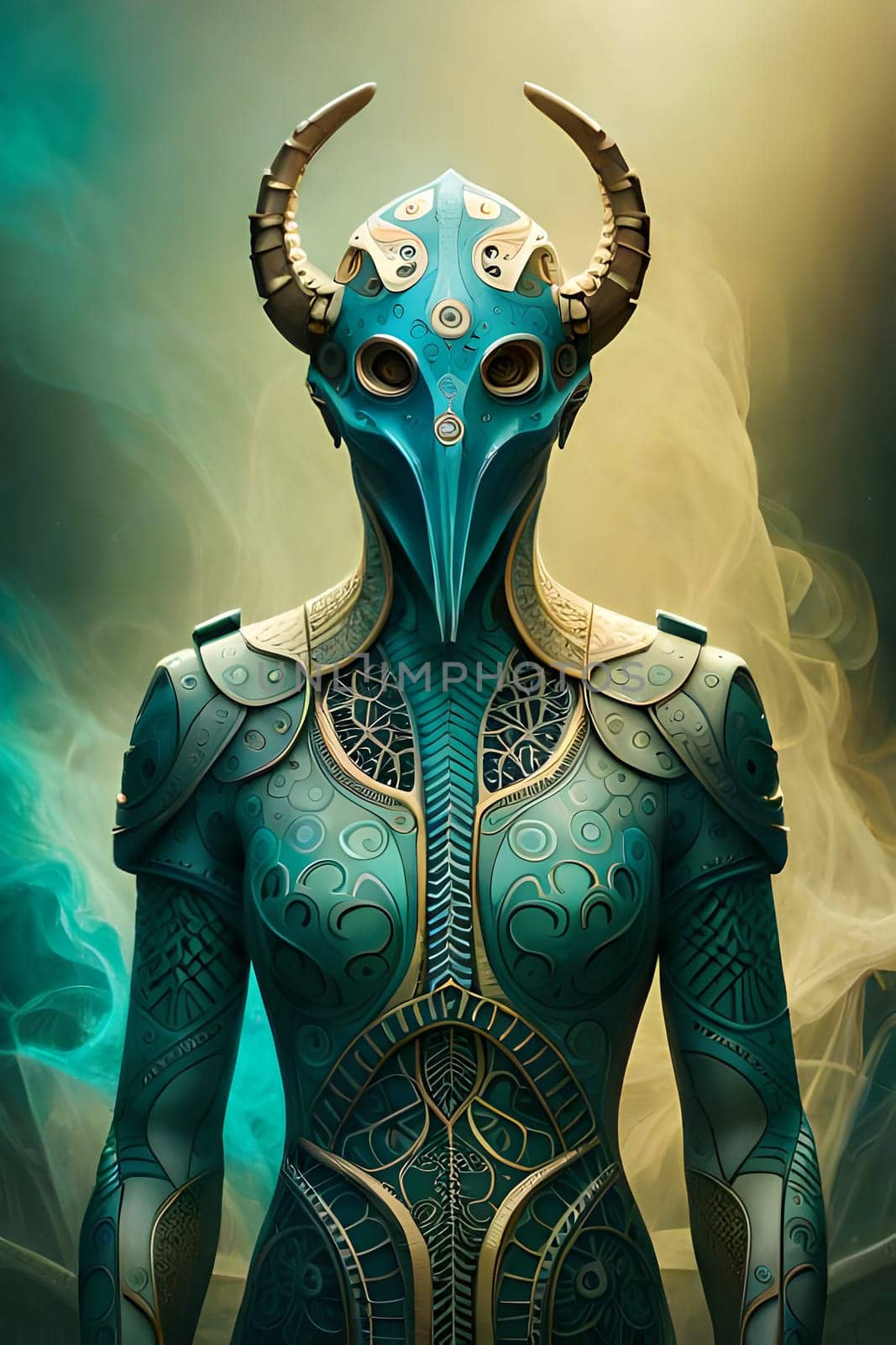 A painting of a man with a blue mask and horns. Digital painting illustration